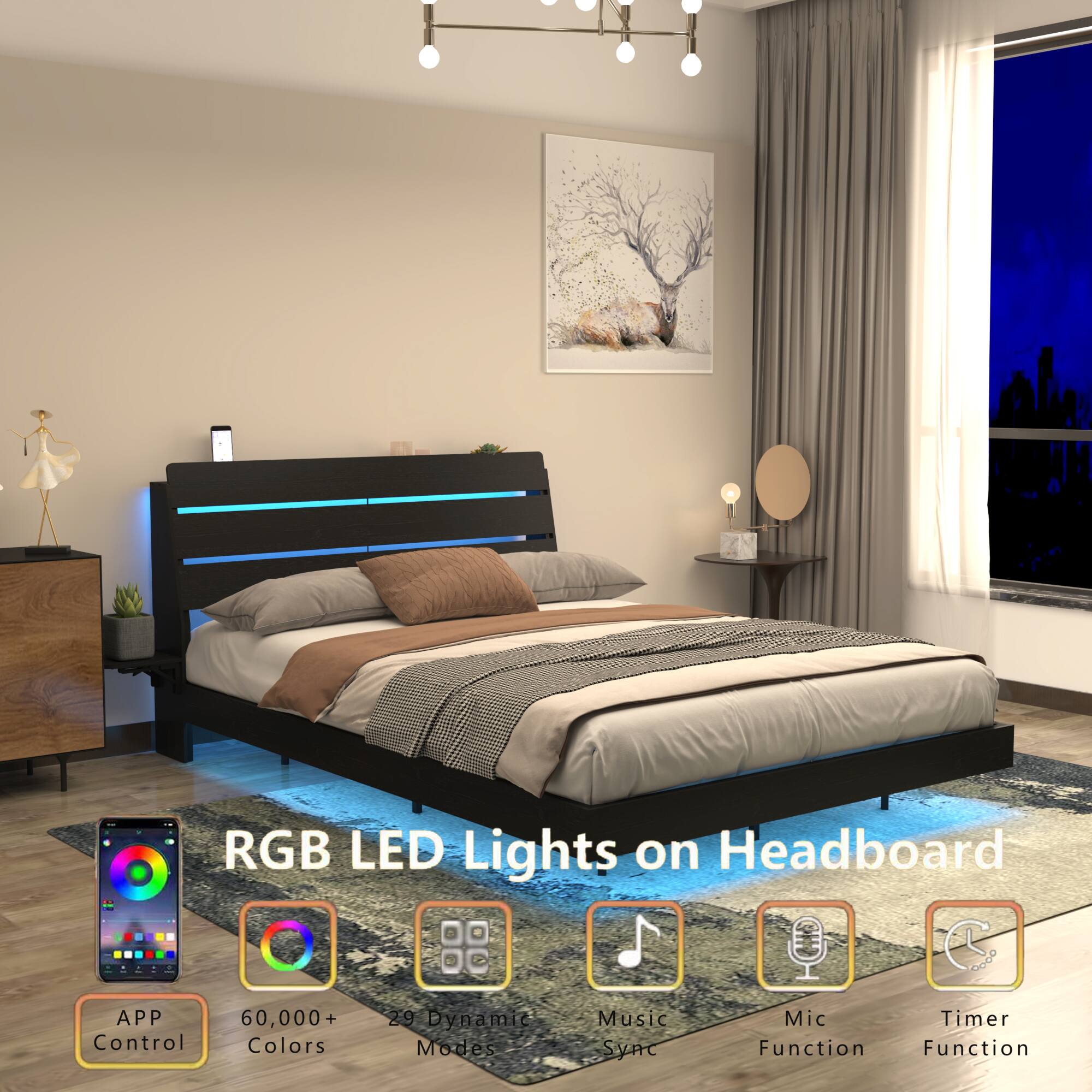 RGB LED Lights on Headboard

- APP Control
- 60,000+ Colors
- 29 Dynamic Modes
- Music Sync
- Mic Function
- Timer Function