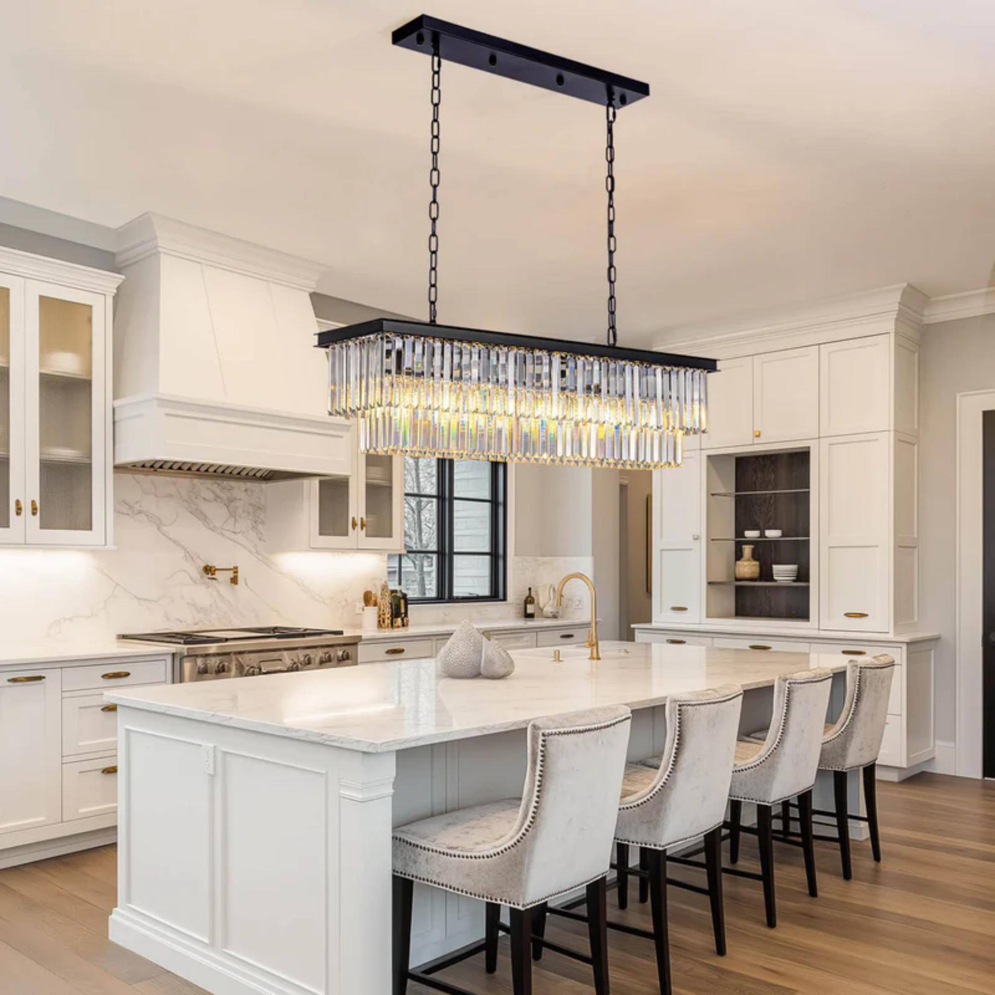 Alt View 3. Siljoy - 39.4-In 7-Light Matte Black K9 Crystal Linear Chandelier, Adjustable Rod Hardwired E12 for Kitchen Island Foyer - Matte Black.