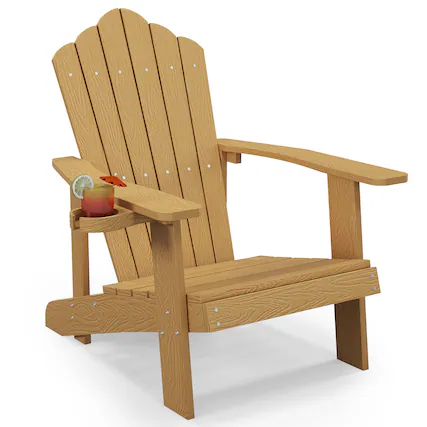 Front. Gymax - Gymax HIPS Outdoor Weather Resistant Slatted Chair Adirondack Chair w/ Cup Holder Indonesia Teak - Teak.