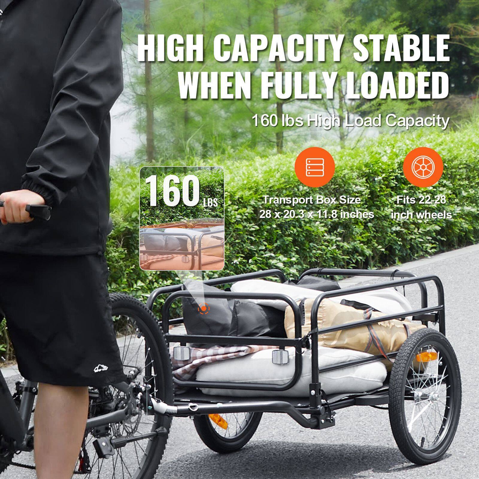 HIGH CAPACITY STABLE WHEN FULLY LOADED  
160 lbs High Load Capacity  
Transport Box Size: 28 x 20.3 x 11.8 inches  
Fits 22-28 inch wheels