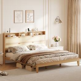 Winado - Bed Frame with Storage Headboard and Charging Station, Rattan Platform Bed Wood Bed with Shelves, No Box Spring Needed - Natural,King Size