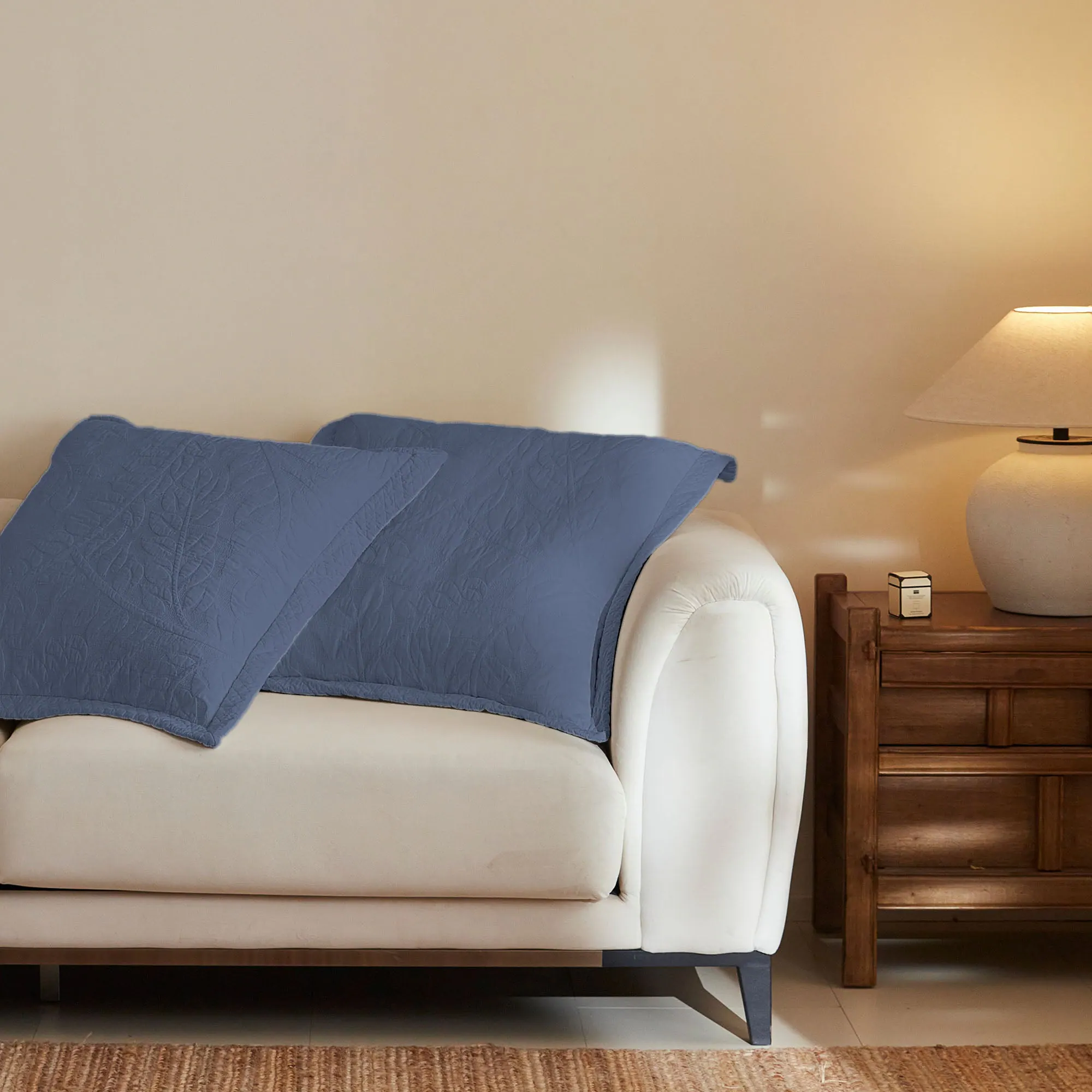 Left. MarCielo - 100% Cotton Embroidered Quilted Pillow Shams Set of 2, 26"x26" Euro Size - Navy.