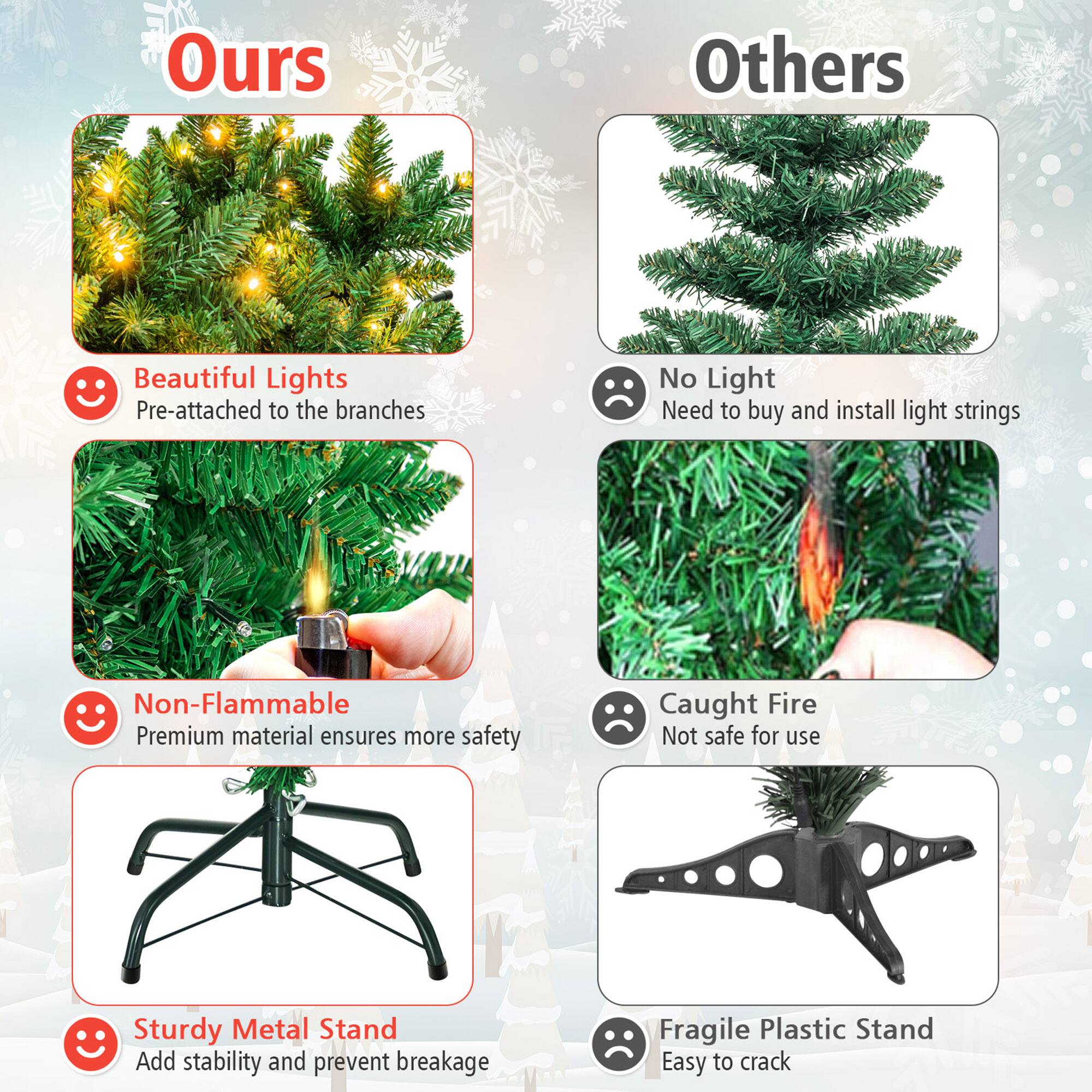 **Ours**

- Beautiful Lights  
  Pre-attached to the branches

- Non-Flammable  
  Premium material ensures more safety

- Sturdy Metal Stand  
  Add stability and prevent breakage

**Others**

- No Light  
  Need to buy and install light strings

- Caught Fire  
  Not safe for use

- Fragile Plastic Stand  
  Easy to crack