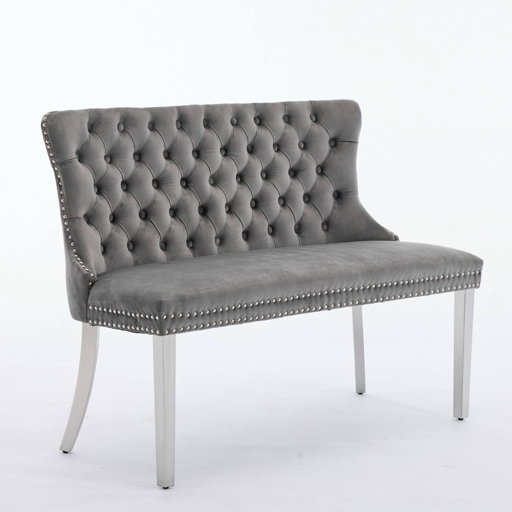Back. GOODSILO - Velvet Double Dining Loveseat Bench with Tufted Back and Stainless Steel Legs for Modern Kitchen Seating - Gray.