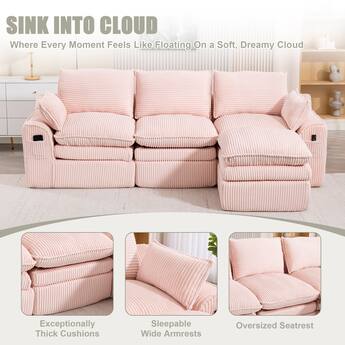 Meqiodas L Shaped Modular Sectional Sofa Modern Corduroy Boneless Couches with Movable Footstool, With Three Pillows Pink