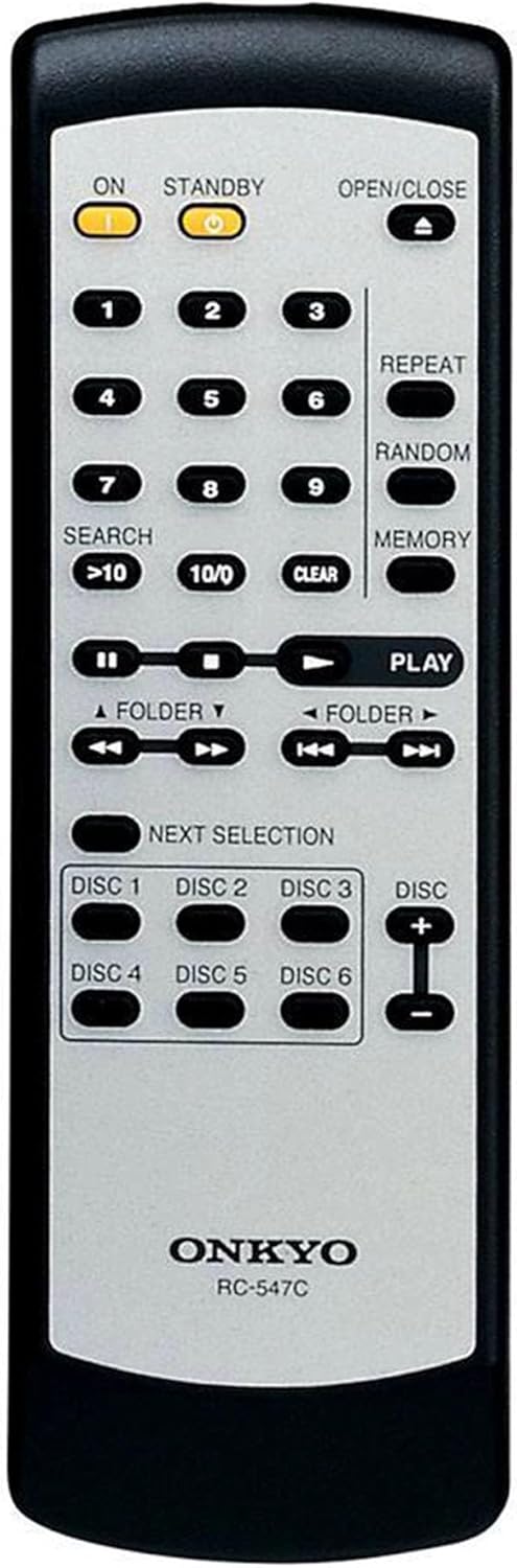 ON  
STANDBY  
OPEN/CLOSE  

1 2 3  
4 5 6  
7 8 9  

REPEAT  
RANDOM  
MEMORY  

SEARCH  
>10 10/0 CLEAR  

PLAY  

FOLDER  
FOLDER  

NEXT SELECTION  

DISC 1 DISC 2 DISC 3  
DISC 4 DISC 5 DISC 6  

DISC + DISC  

ONKYO  
RC-547C