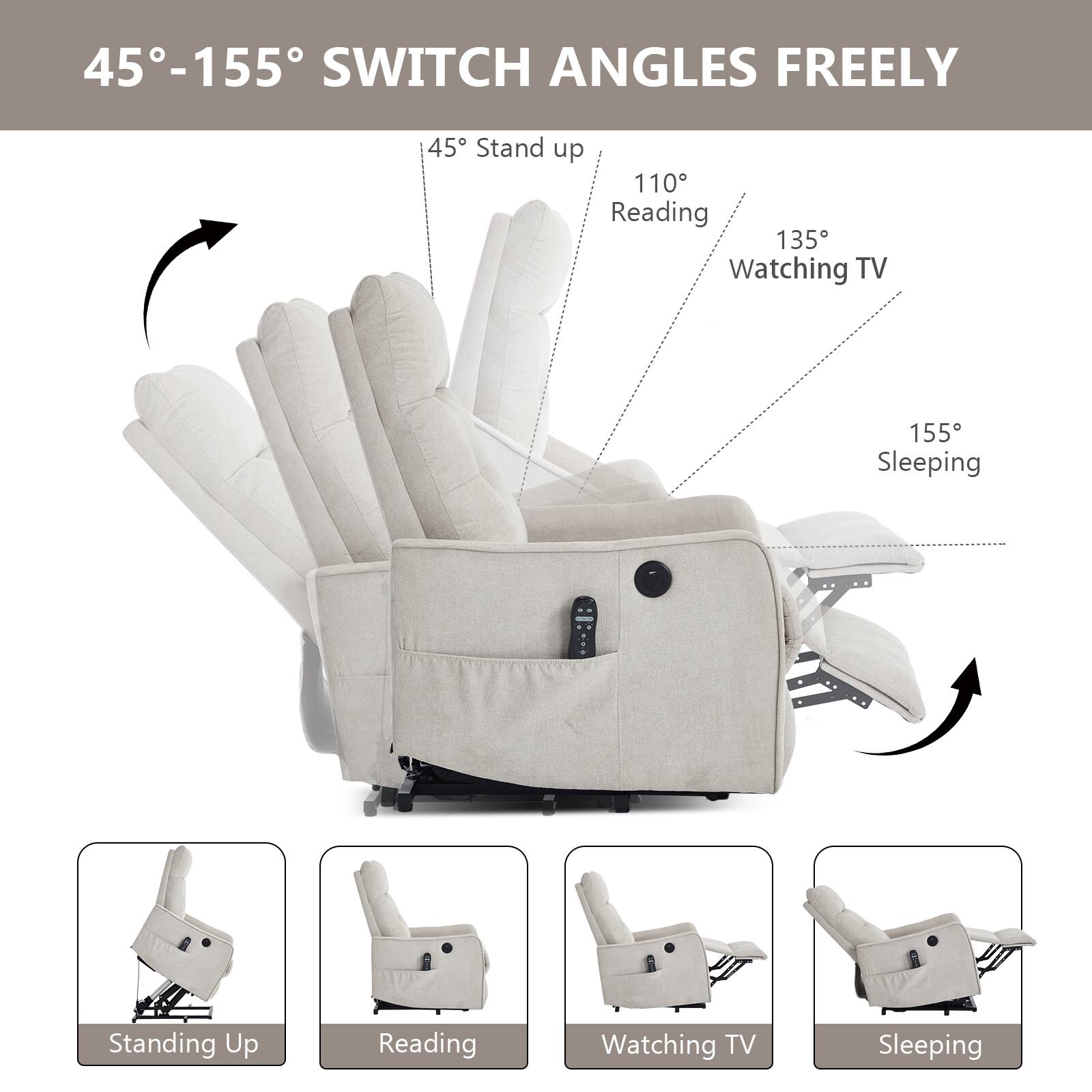 45°-155° SWITCH ANGLES FREELY

45° Stand up  
110° Reading  
135° Watching TV  
155° Sleeping  

Standing Up  
Reading  
Watching TV  
Sleeping