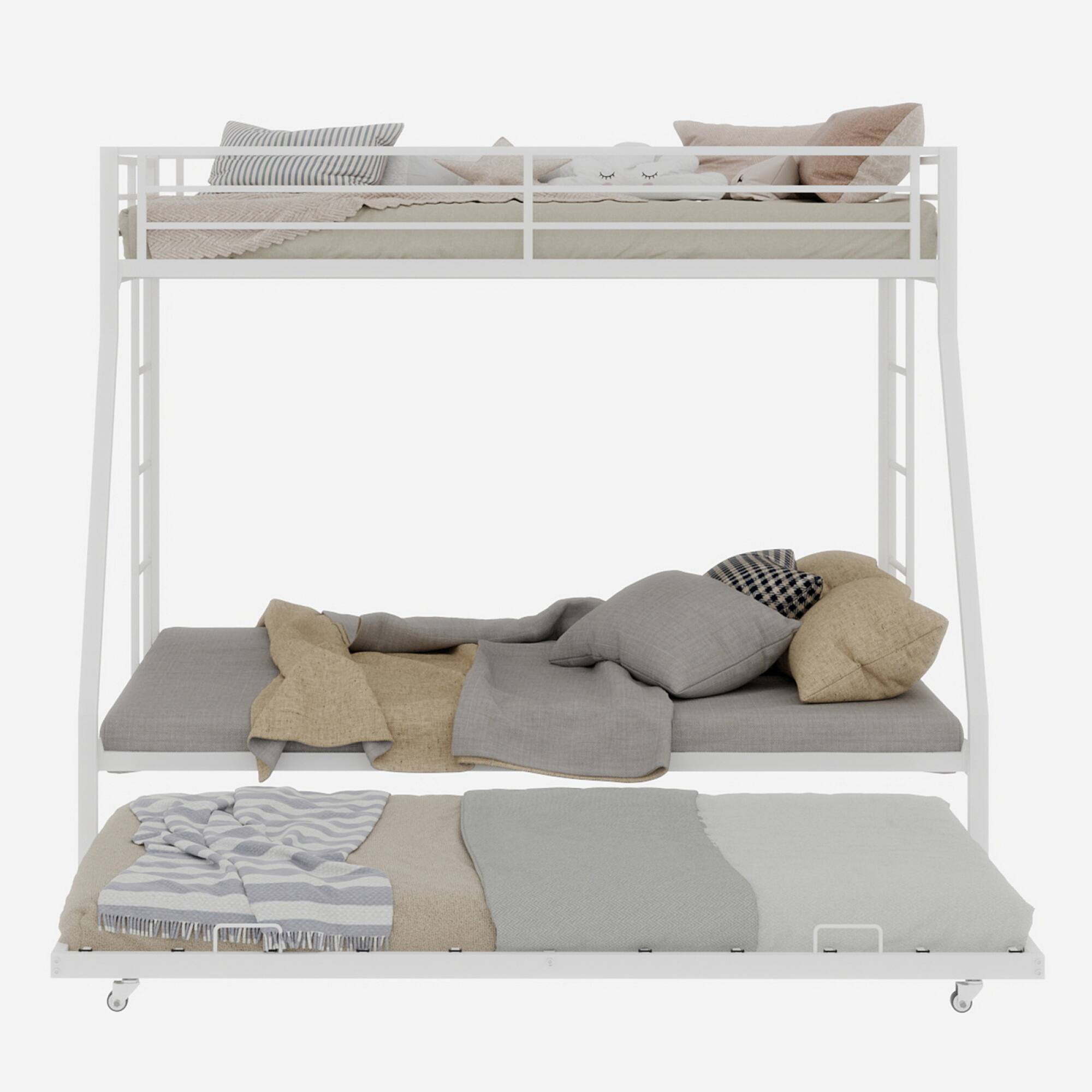 Alt View 7. GOODSILO - Full Size Square Tube Triple Sleeper Bunk Bed with Pull-Out Trundle and Ladder for Space Saving - White.