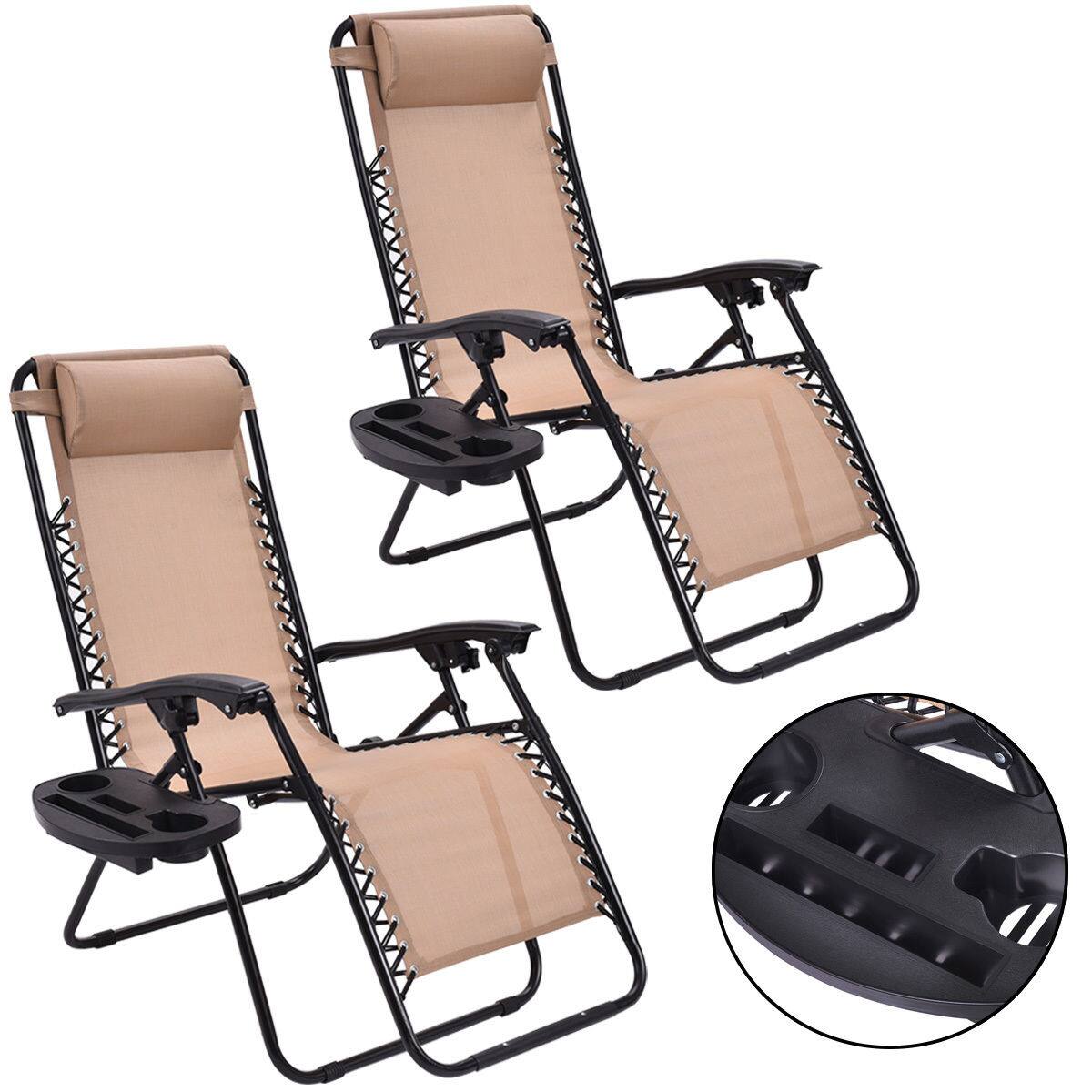 Costway - 2PCS Zero Gravity Chairs Lounge Patio Folding Recliner W/Cup Holder - Beige