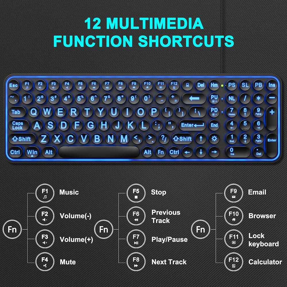 12 MULTIMEDIA FUNCTION SHORTCUTS

Esc F1 J F2 4 F3 4 F4 Y F5 . F6 - F7 H F8 1 F9 - F10 F11 F12 Del Hm PS SL PB Ins ! 9 % & + I I + 1 2 3 4 5 6 7 8 9 0 - Tab Q W E R T Y U I O P { ) : [ ] / Caps " Lock A S D F G H J K L I Enter Shift Z X C V B N M ?1 Shift Ctrl Win Alt Alt Fn Ctrl PU * PD End NL 7 Hm 4 - 1 End 0 Ina I 8 5 2 * 9 Pglip 6 - 3 PgDn Del - + Enter F1 J Music F5 Stop F9 Email Fn F2 Volume(-) Fn F3 Volume(+) F6 Previous Track Fn F7 HI Play/Pause F10 Browser F11 Lock keyboard F4 Mute F8 Next Track F12 Calculator

F1 Music
F2 Volume(-)
F3 Volume(+)
F4 Mute
F5 Stop
F6 Previous Track
F7 Play/Pause
F8 Next Track
F9 Email
F10 Browser
F11 Lock keyboard
F12 Calculator