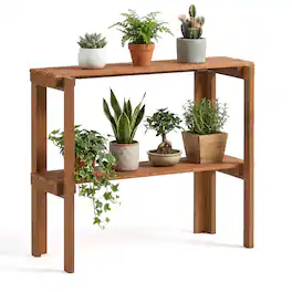 Costway - Folding Wooden Storage Shelves, 2-Tier Plant Stand Indoor Outdoor for Entryway - Natural