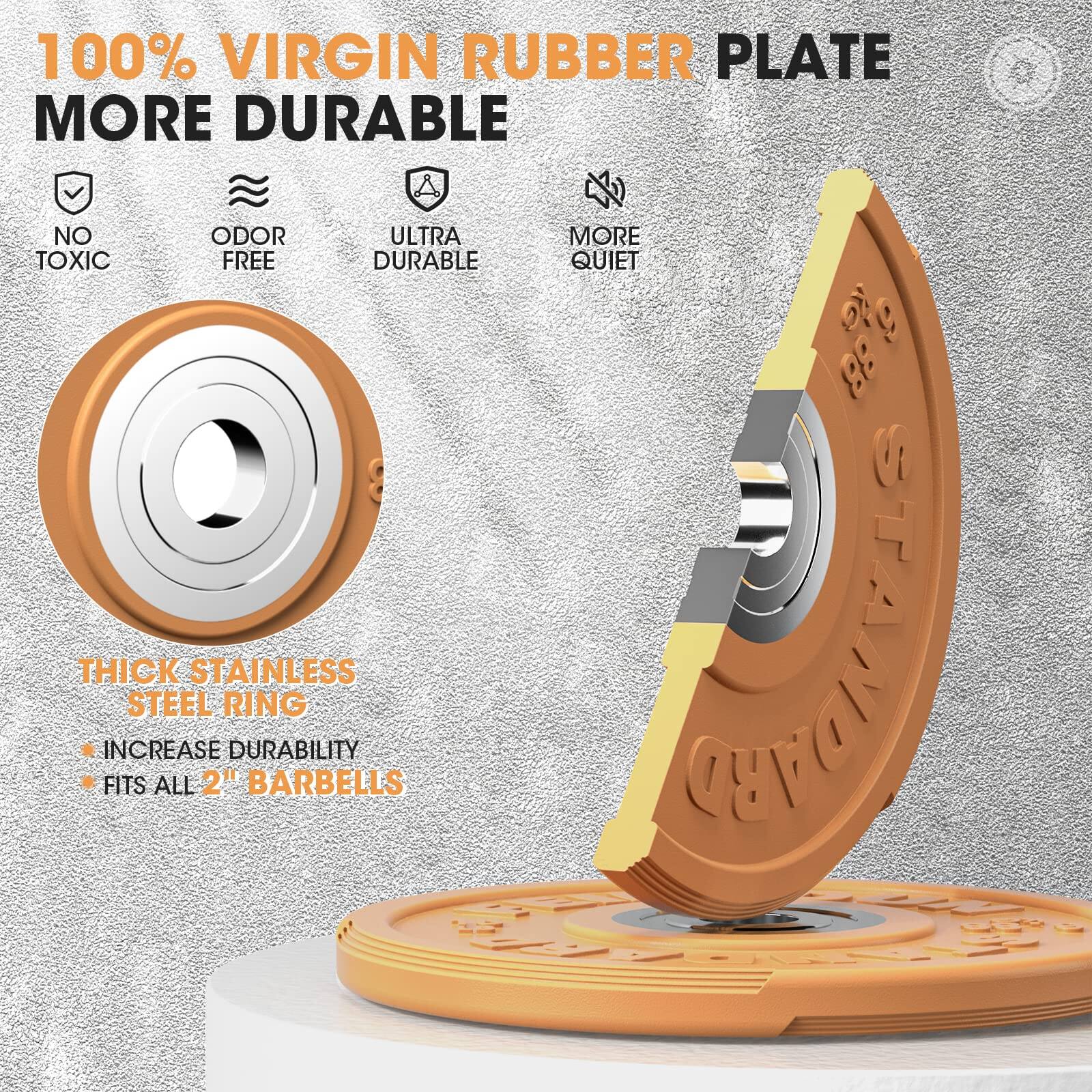 100% VIRGIN RUBBER PLATE  
MORE DURABLE  
NO ODOR  
ULTRA DURABLE  
THICK STAINLESS STEEL RING  
INCREASE DURABILITY  
FITS ALL 2" BARBELLS  
MORE QUIET
