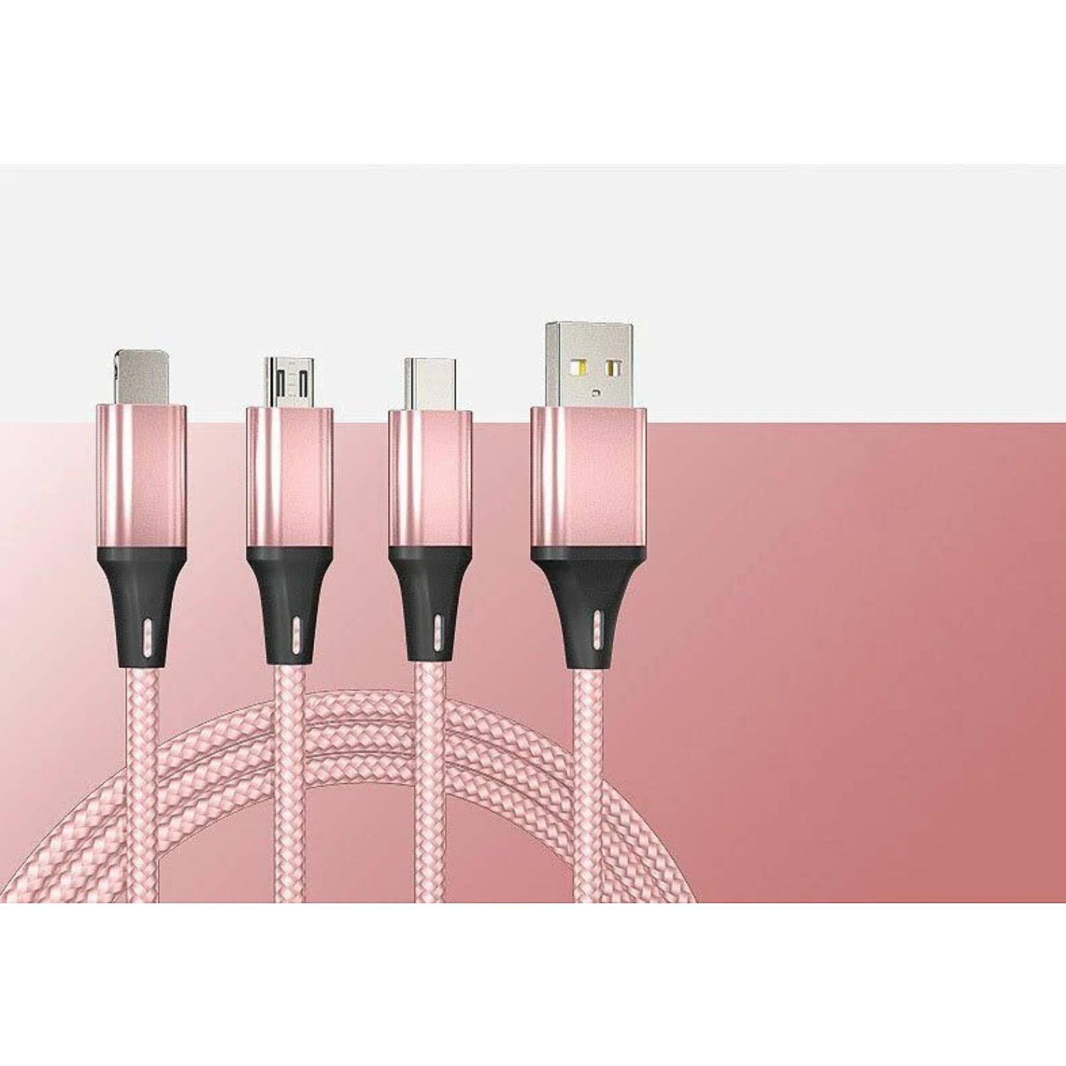 Angle. Home Collection - 3 in 1 USB Micro Type C Fast Charging Cable Cell Phone Tablet Tab Cord Charger in Pink - Pink.