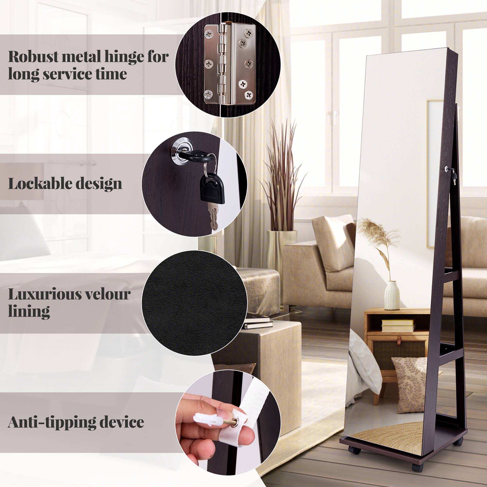 - Robust metal hinge for long service time
- Lockable design
- Luxurious velour lining
- Anti-tipping device