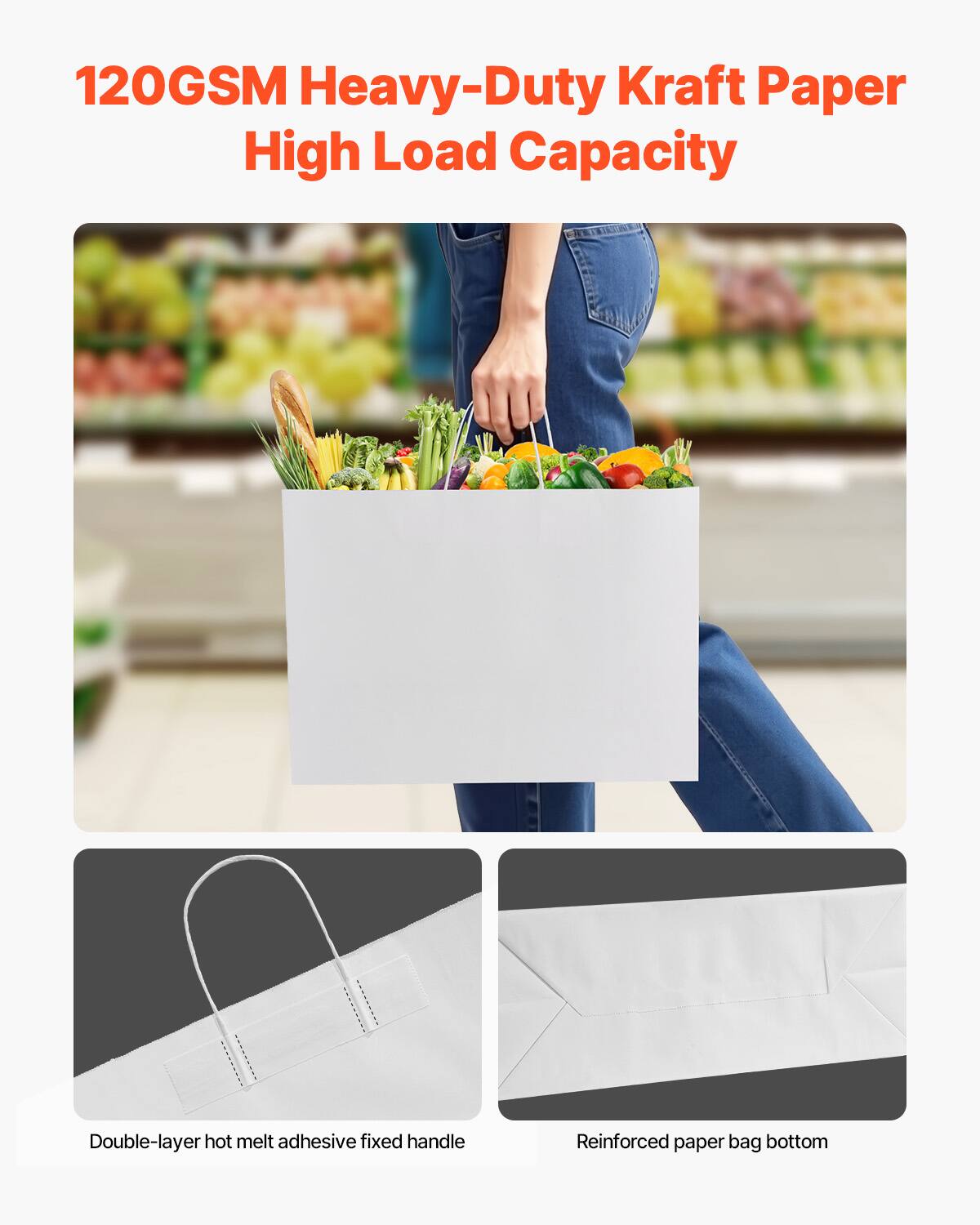 120GSM Heavy-Duty Kraft Paper  
High Load Capacity  

Double-layer hot melt adhesive fixed handle  
Reinforced paper bag bottom