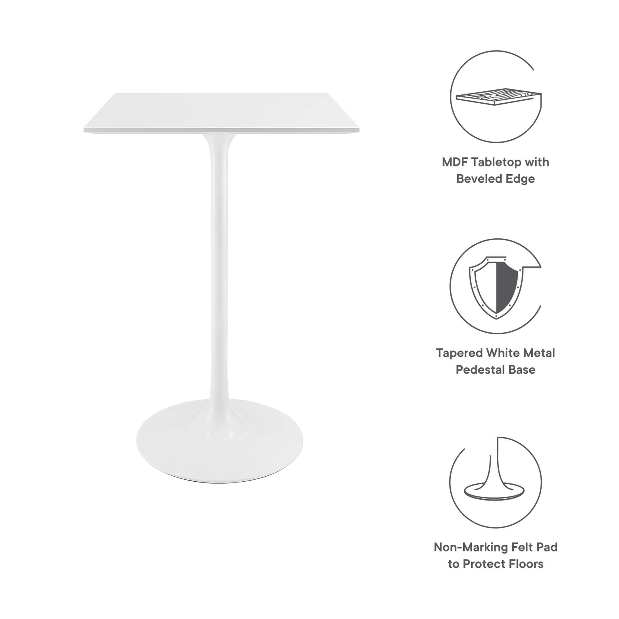 MDF Tabletop with Beveled Edge  
Tapered White Metal Pedestal Base  
Non-Marking Felt Pad to Protect Floors