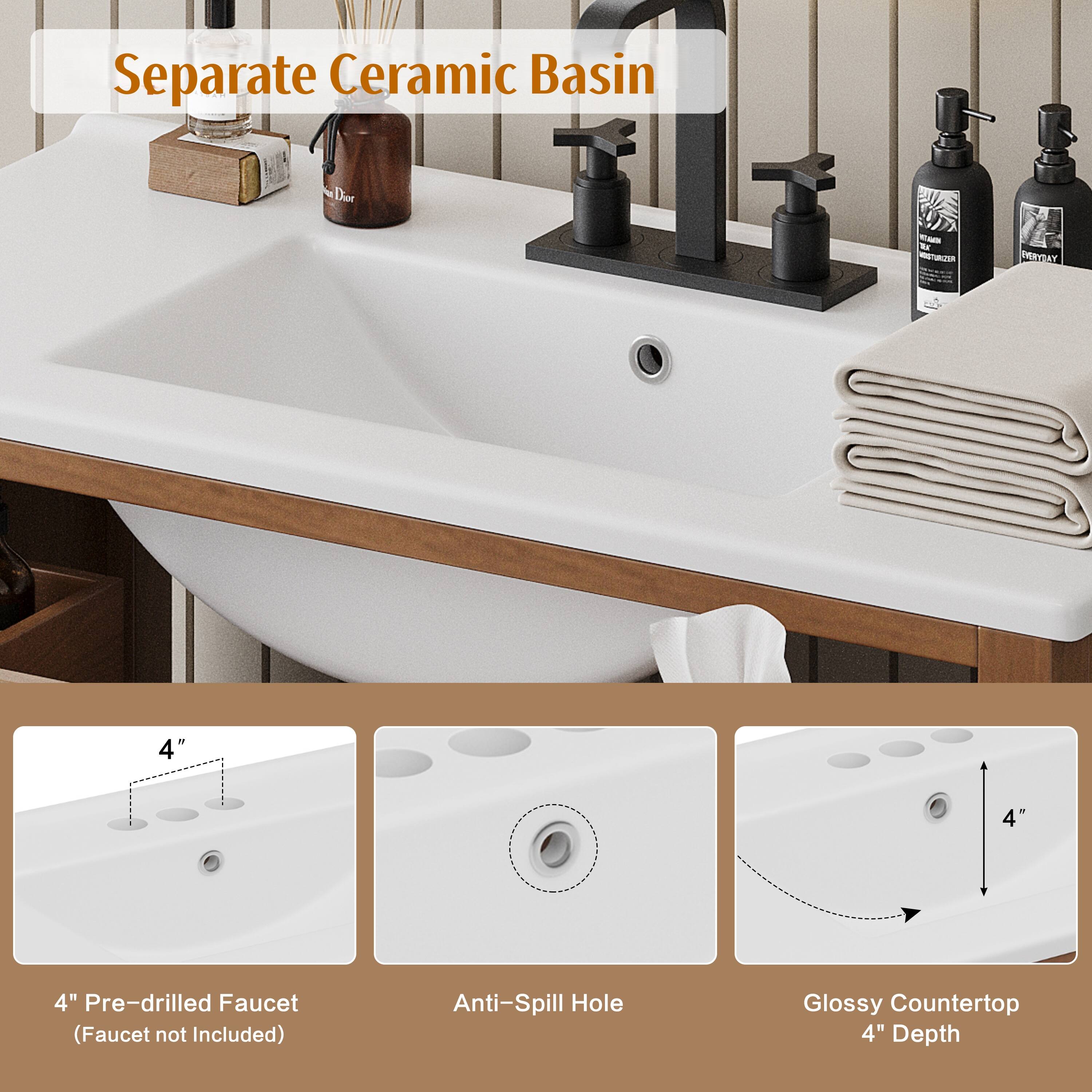 Separate Ceramic Basin Dioe - XF - TAR PRRDAY 4" 4" 4" Pre-drilled Faucet (Faucet not Included) Anti-Spill Hole Glossy Countertop 4" Depth