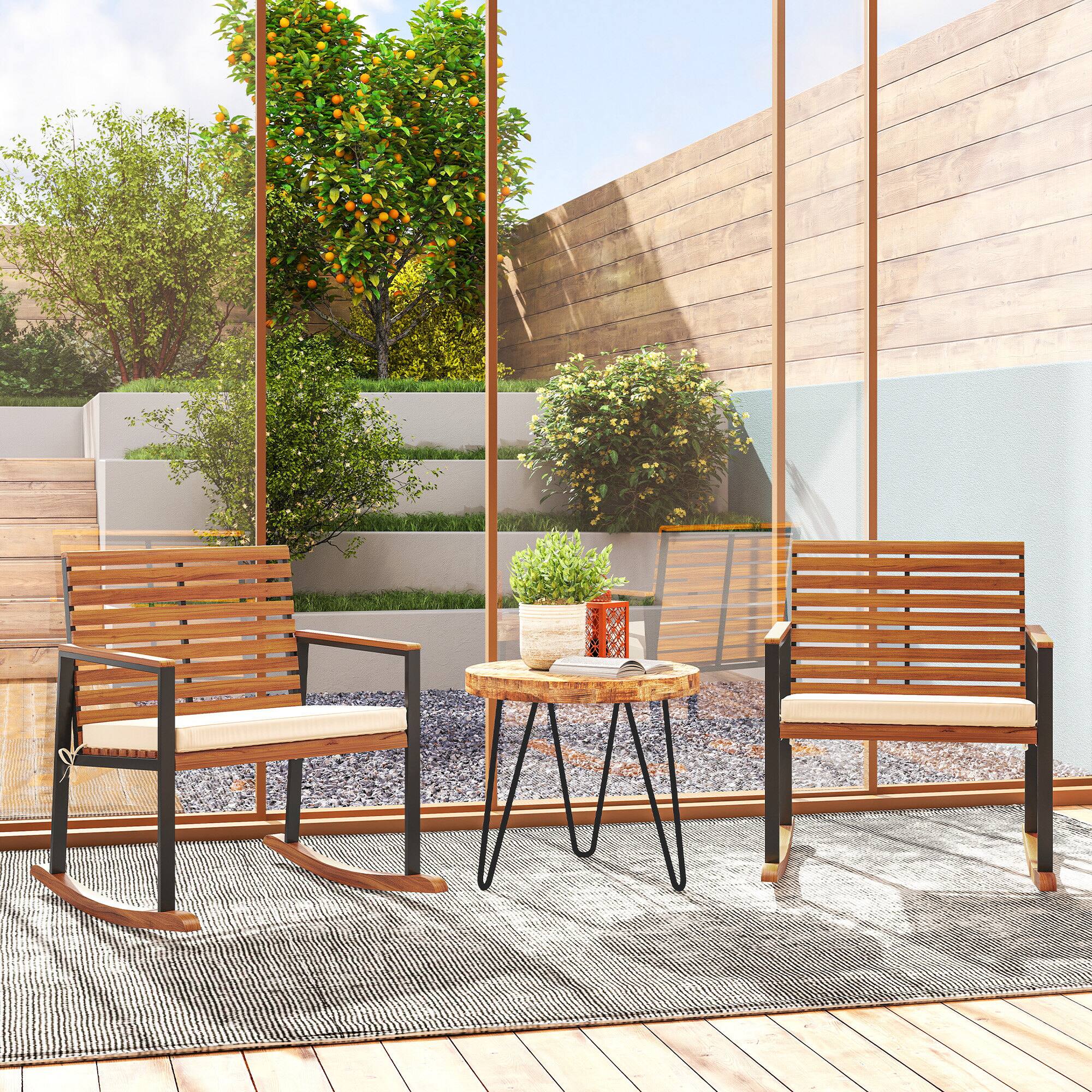 Angle. Outsunny - Outdoor Rocking Chair Set of 2, Acacia Wood Outdoor Rockers with Armrests, Cushion, Patio Wooden Rocking Chair Set - Cream White.