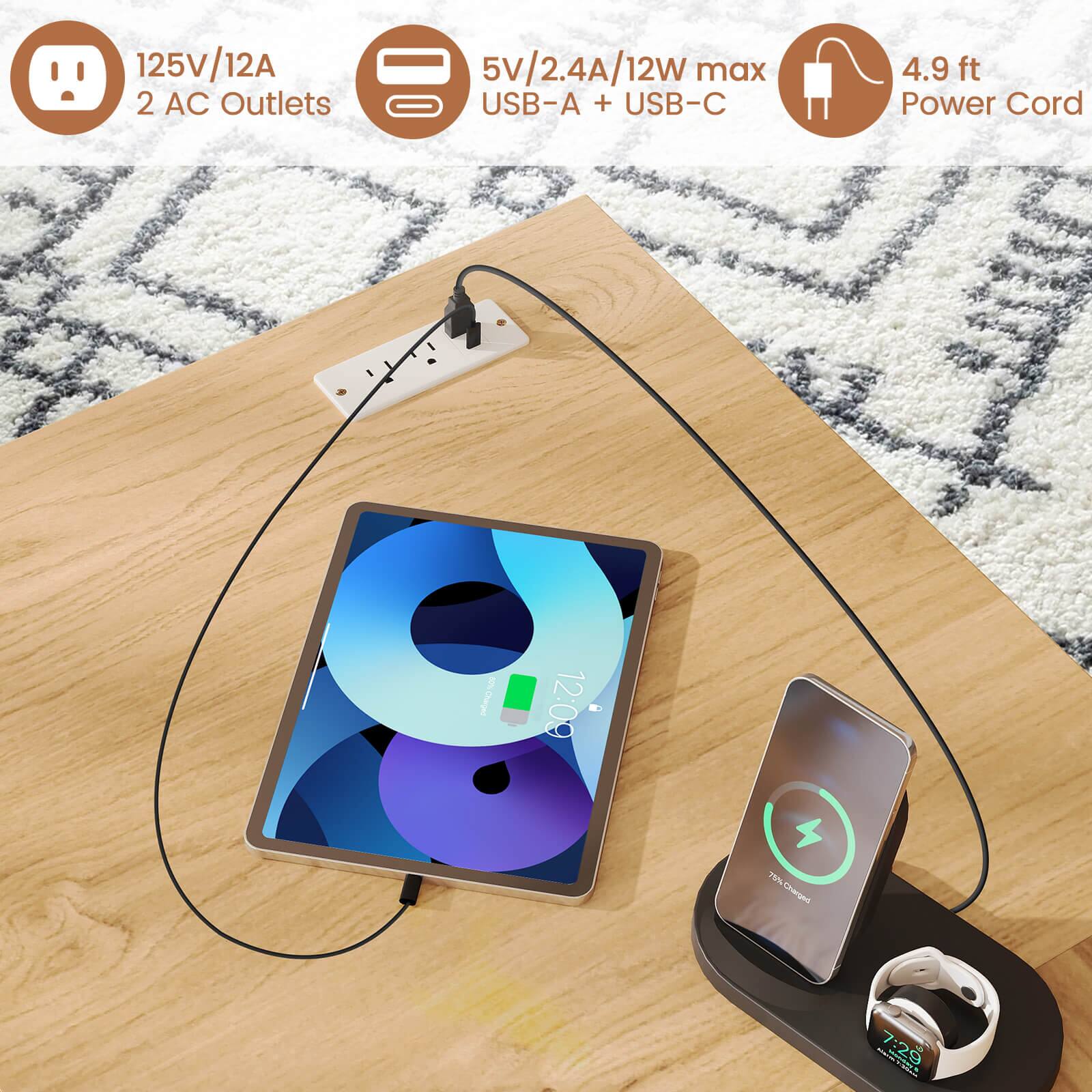 125V/12A 2 AC Outlets, 5v/2.4A/12W max USB-A + USB-C, 4.9 ft Power Cord, 75% Charged, 12:09, 7:29