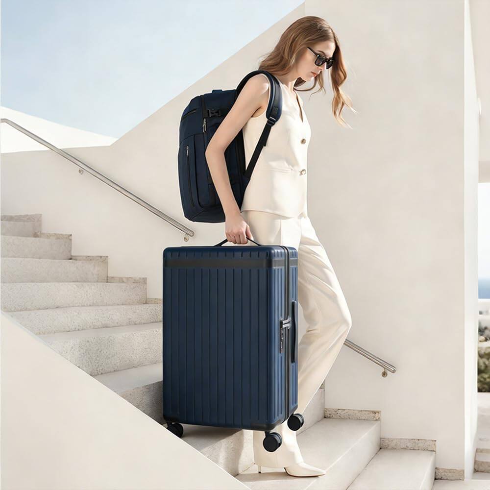Angle. Quick Deer - 3 Piece Carry On Luggage Set with 20" Suitcase, 36L Travel Backpack with 180° Opening and Waterproof Toiletry Bag - Blue.