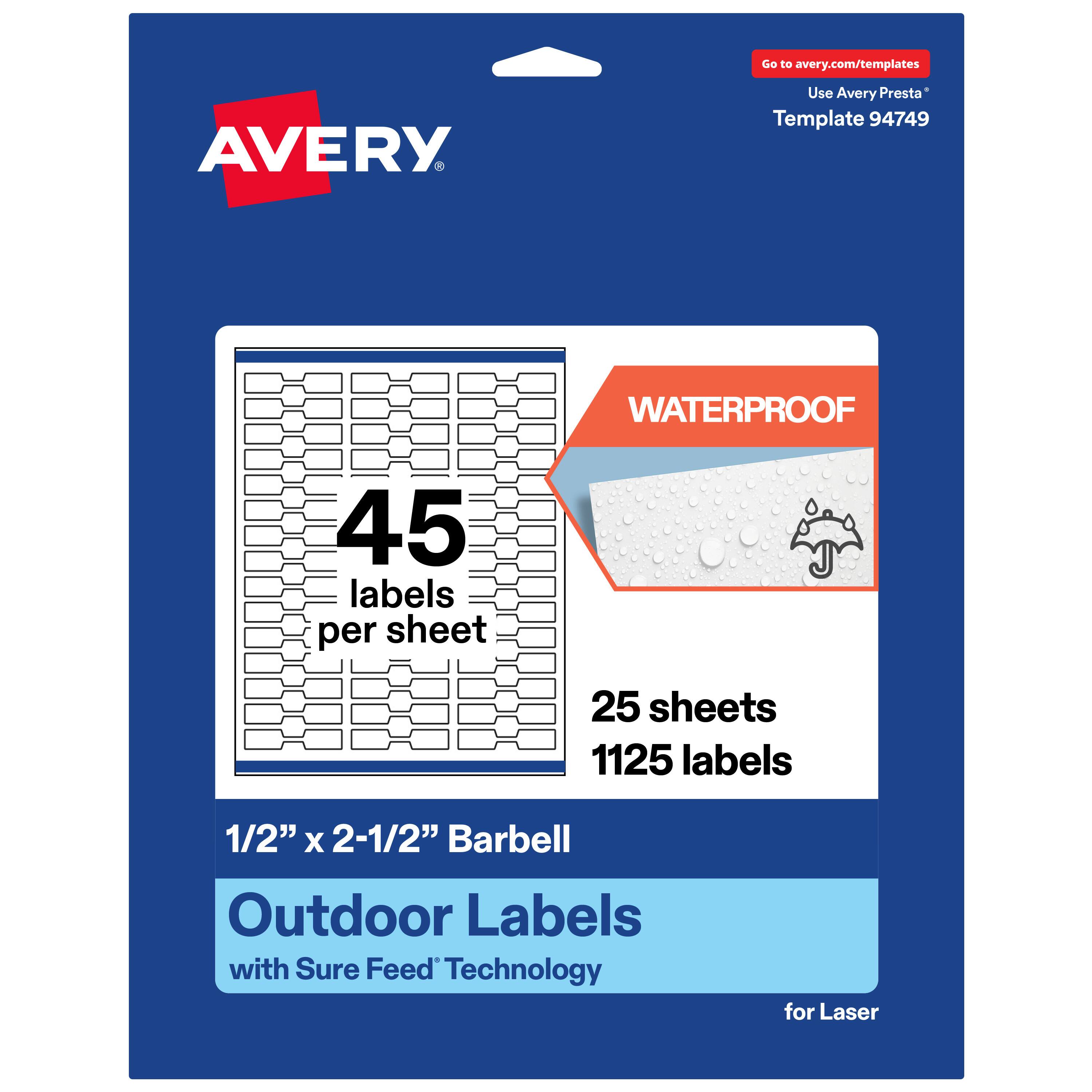 Go to avery.com/templates  
AVERY  
Use Avery Presta* Template 94749  

WATERPROOF  
45 labels per sheet  
25 sheets  
1125 labels  

1/2" x 2-1/2" Barbell Outdoor Labels with Sure Feed Technology for Laser