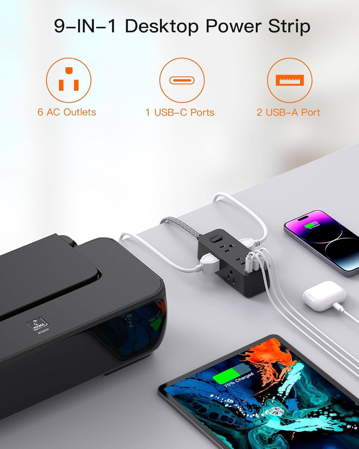 9-IN-1 Desktop Power Strip

6 AC Outlets  
1 USB-C Ports  
2 USB-A Port  

WINOO 04  
75% Charged