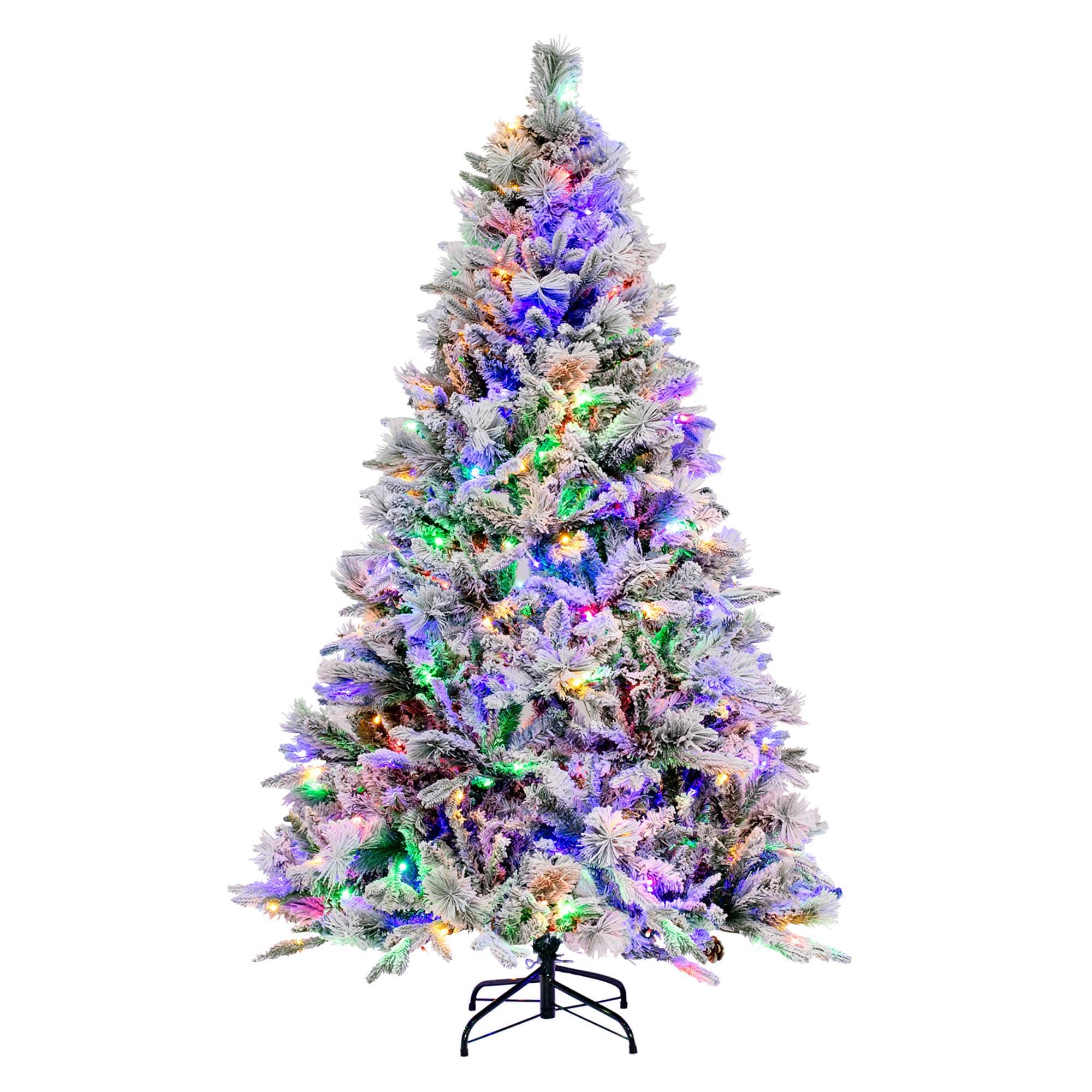 Front. Costway - 6 FT Pre-Lit Snow Flocked Christmas Tree Hinged Xmas Tree with 8 Modes 240 Lights - Green/White.