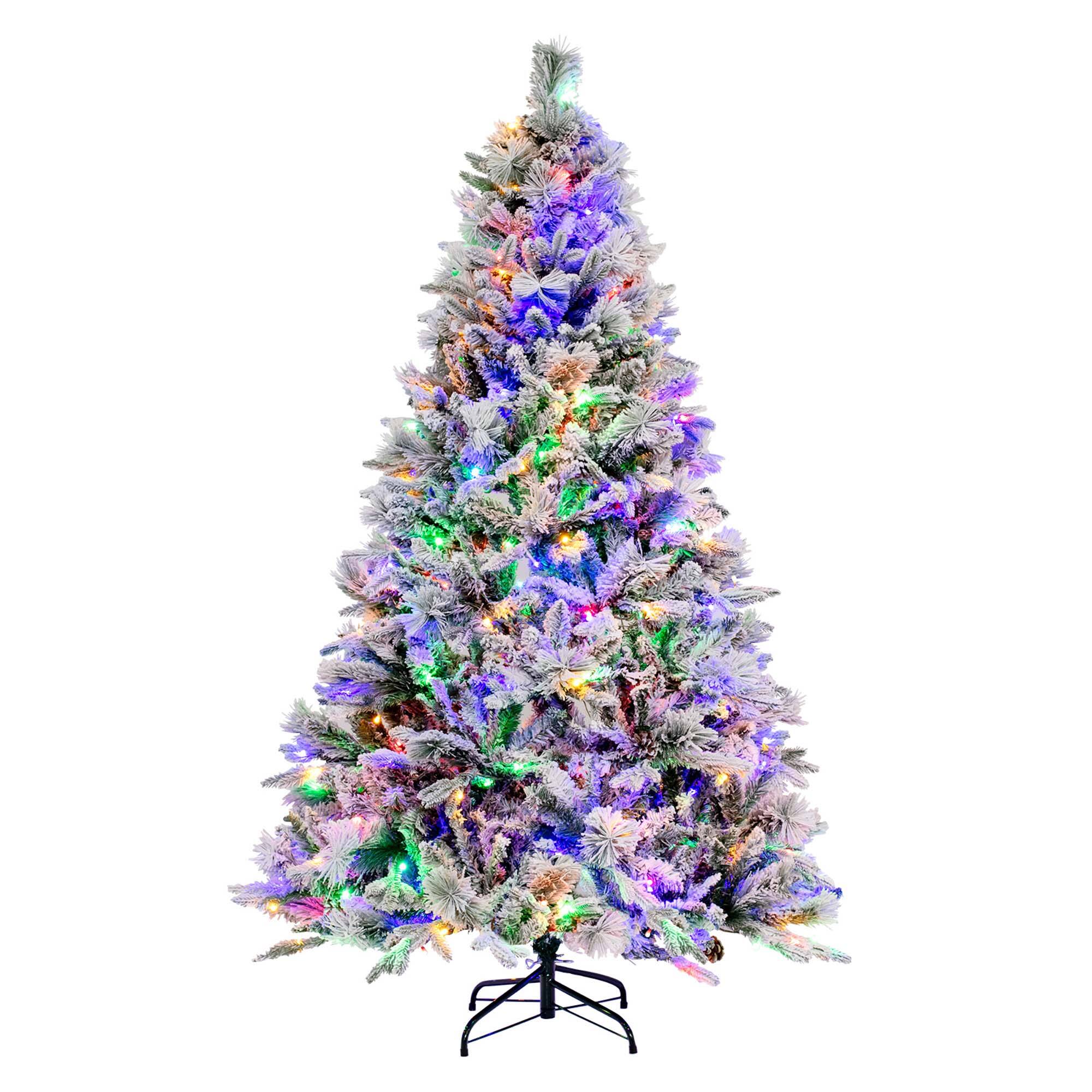 Costway - 6 FT Pre-Lit Snow Flocked Christmas Tree Hinged Xmas Tree with 8 Modes 240 Lights - Green/White