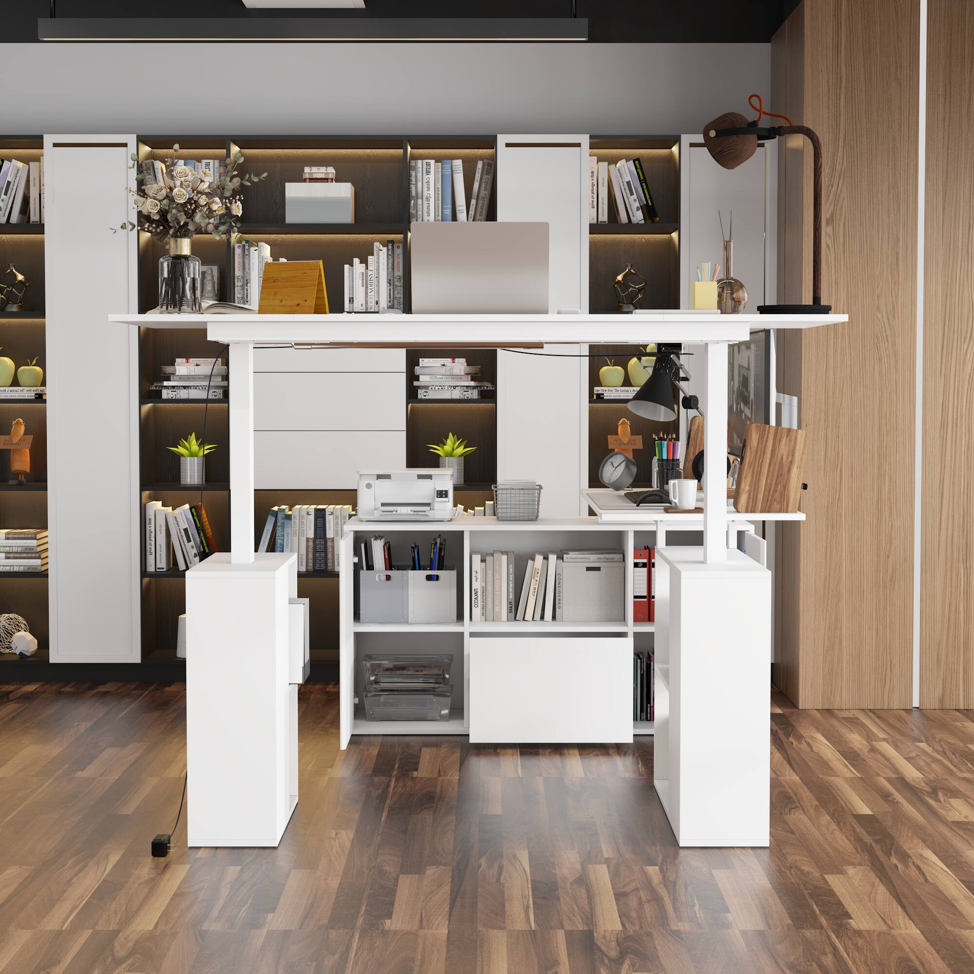 The image features a wooden floor with a desk and shelves. The desk has a laptop, a mouse, and a keyboard on it. There are also several books on the shelves and on the desk. In addition, there are two vases, one on the left side of the desk and another on the right side. A potted plant is placed on the desk, and a cup is located near the right side of the desk. The overall scene appears to be a well-organized and functional workspace.
