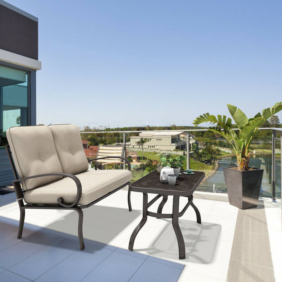 Alt View 4. Costway - Costway 2 Pcs Patio LoveSeat Coffee Table Set Furniture Bench With Cushion - Beige.