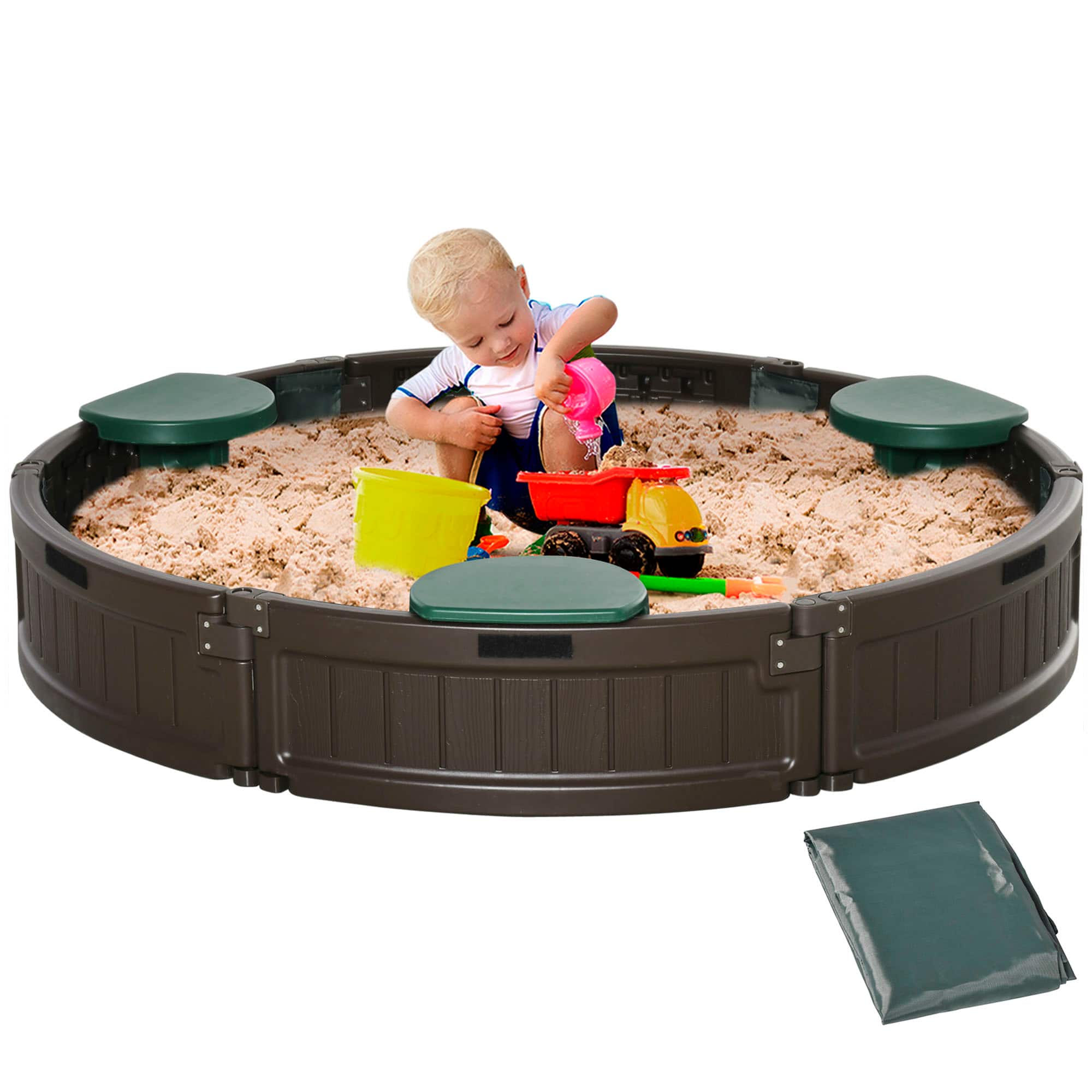 Outsunny - Kids Outdoor Sandbox, Cover, Garden Bed Sand Pit, Easy Assembly, Round, Backyard, Brown, 48.5" x 48.5" x 8.75"