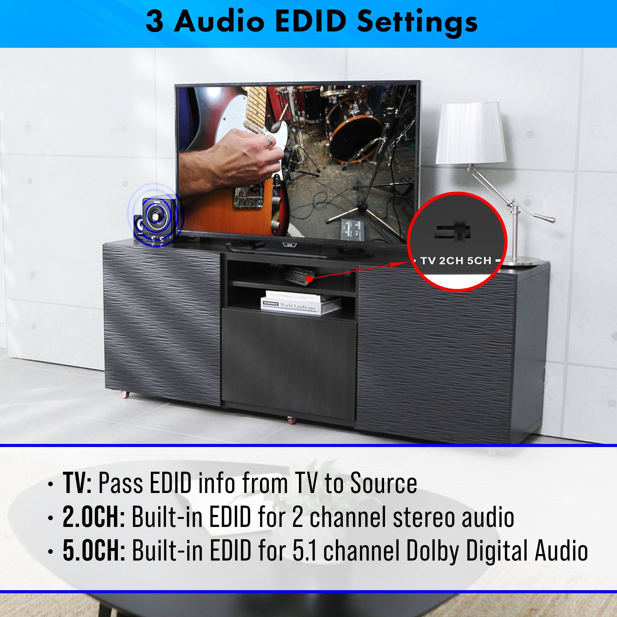 3 Audio EDID Settings

- TV: Pass EDID info from TV to Source
- 2.0CH: Built-in EDID for 2 channel stereo audio
- 5.0CH: Built-in EDID for 5.1 channel Dolby Digital Audio