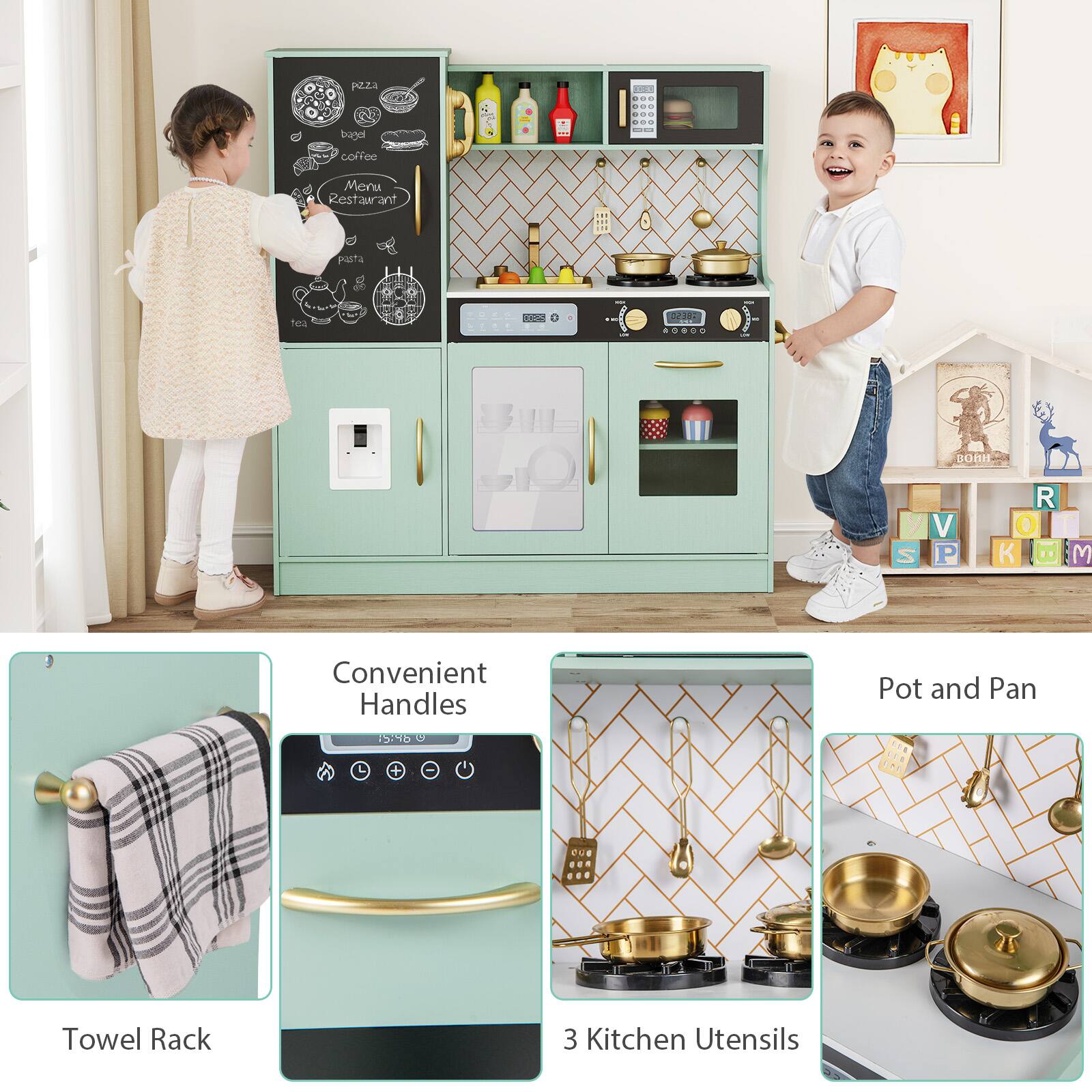 - Pizza
- Bagel
- Coffee
- Menu
- Restaurant
- Pasta
- Tea
- Coffee

Convenient Handles

Towel Rack

Pot and Pan

3 Kitchen Utensils