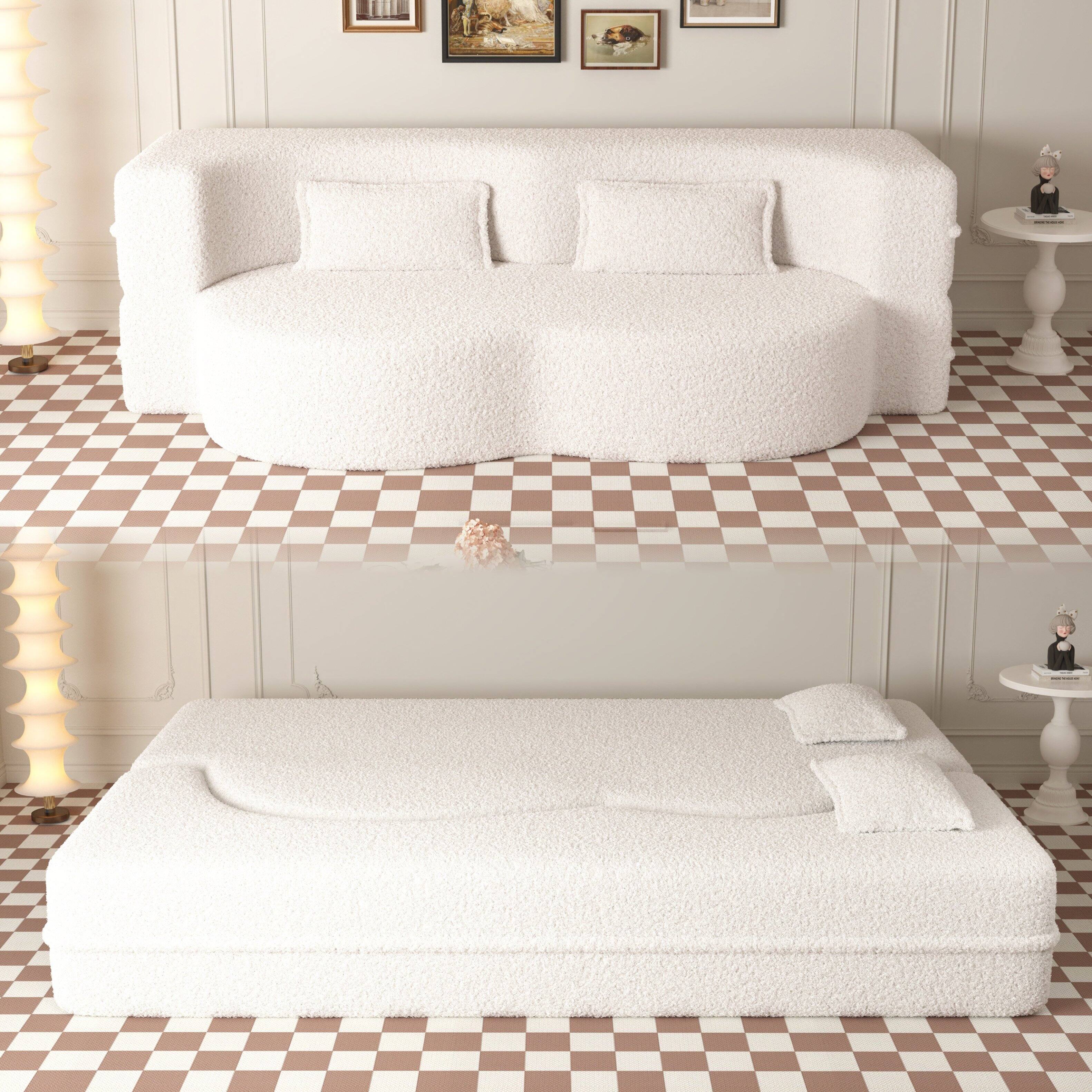 Back. Anysun - Modern Floor Sofa with 2 Pillows - Convertible Teddy Fabric Sleeper Bed, 15" Full Size Mattress, No Assembly Required - White.