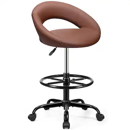 Front. Brick Attic - Drafting Chair with Foot Rest,Height Adjustable Rolling Bar Stool,Tall 360° Swivel Stool PU Leather Office Chair - Brown.