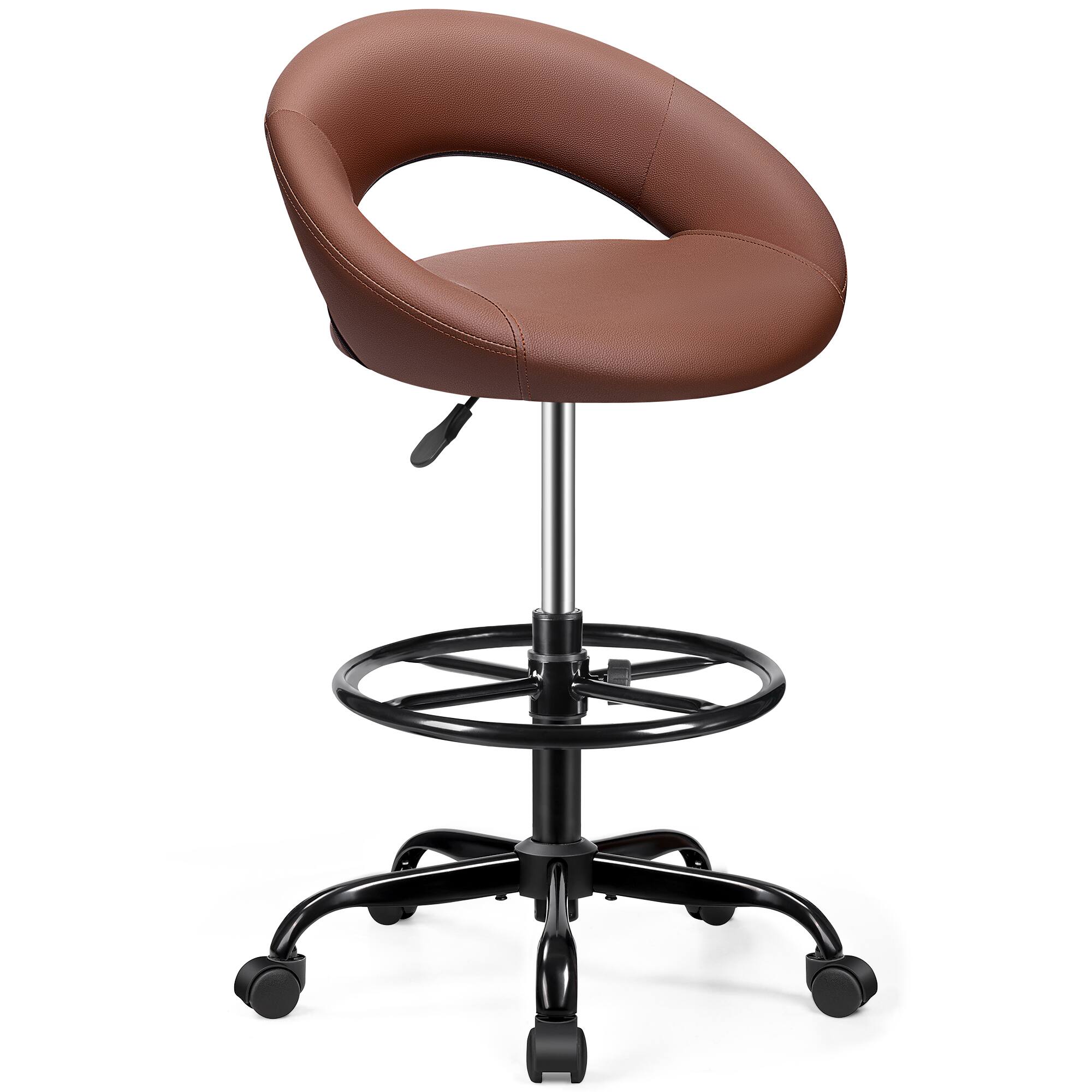 Alt View 8. Brick Attic - Drafting Office Chair, Height Adjustable Rolling Bar Stool with Foot Rest,Tall 360° Swivel Stool PU Leather Chair - Brown.