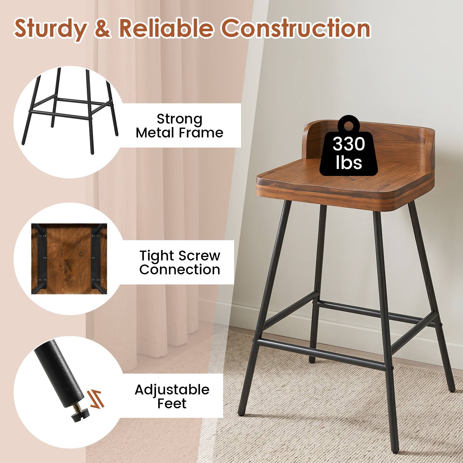 Sturdy & Reliable Construction  
Strong Metal Frame  
330 lbs  
Tight Screw Connection  
7L Adjustable Feet
