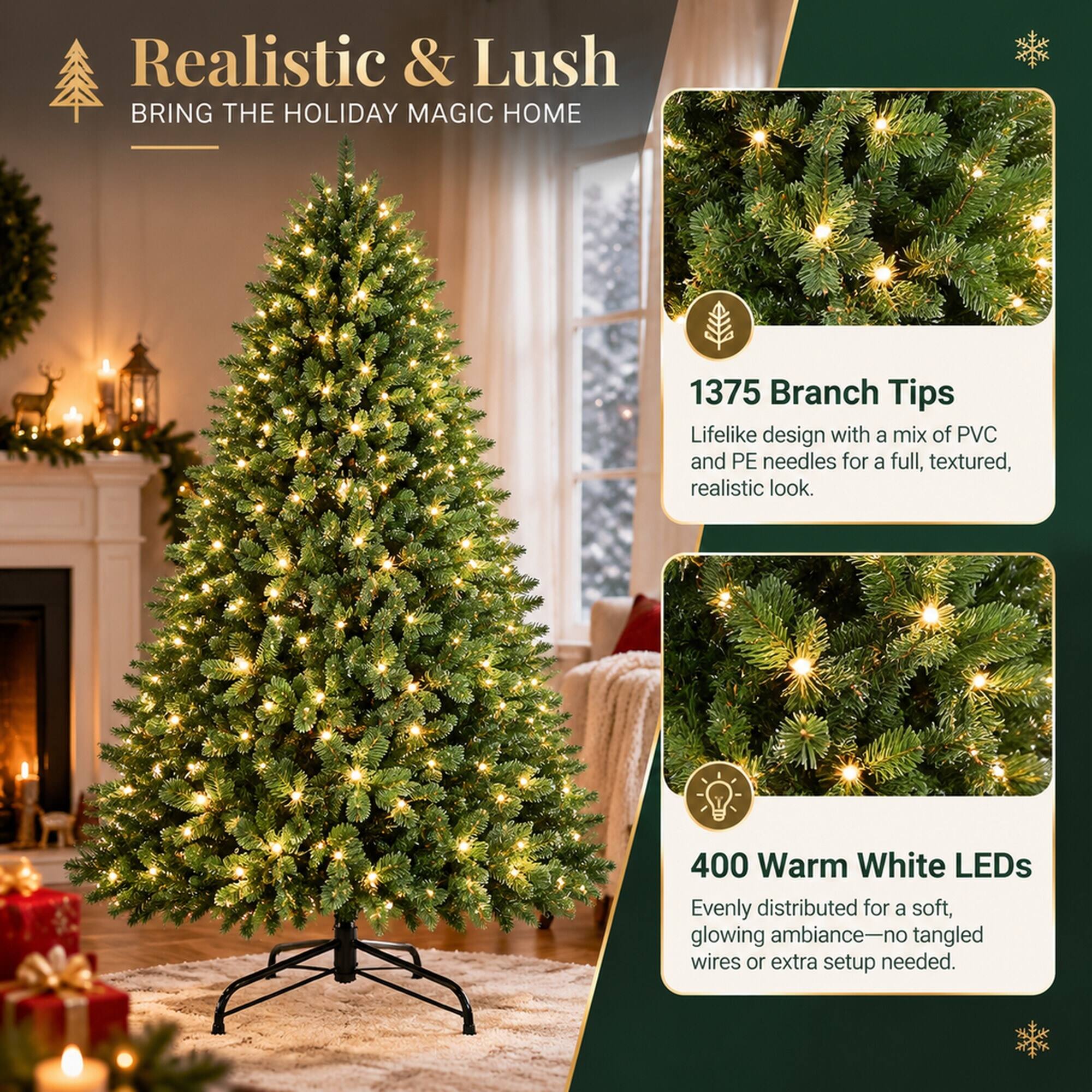 RYHNUYNE 7 Ft Lush Artificial Christmas Tree With 400 Warm White LED ...