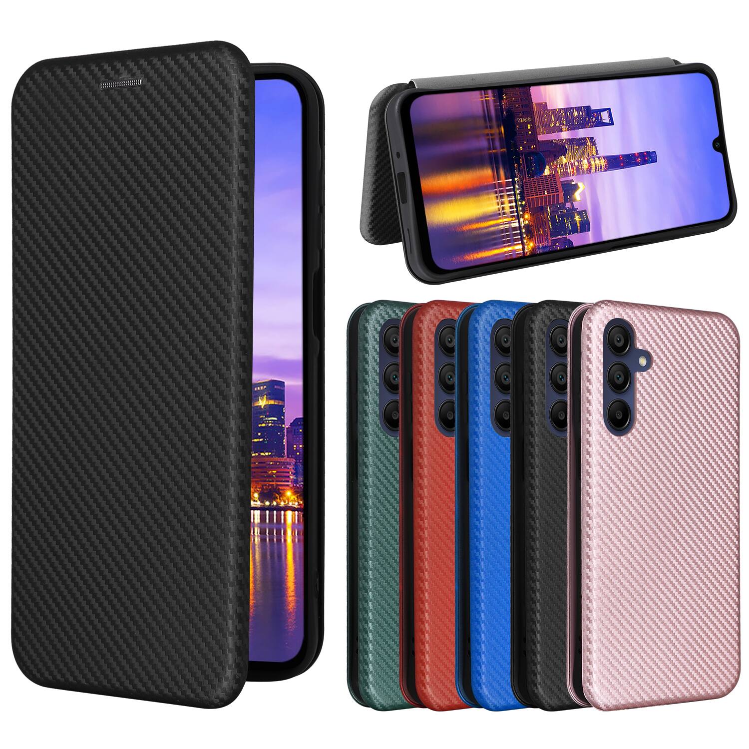 Alt View 3. Dteck - Carbon Fiber Texture Folio Phone Case for Samsung Galaxy A16 5G,PU Leather Magnetic Closure Hidden Card Slot Flip Cover - Black.