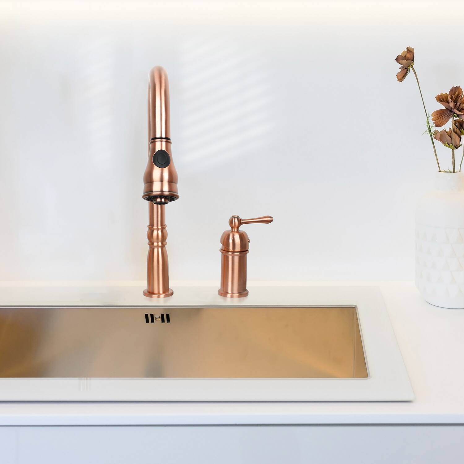 Alt View 4. Akicon - Akicon Solid Brass Single in-Deck Handle Kitchen Faucet Pull with Pull Down Sprayer in Copper - Copper.