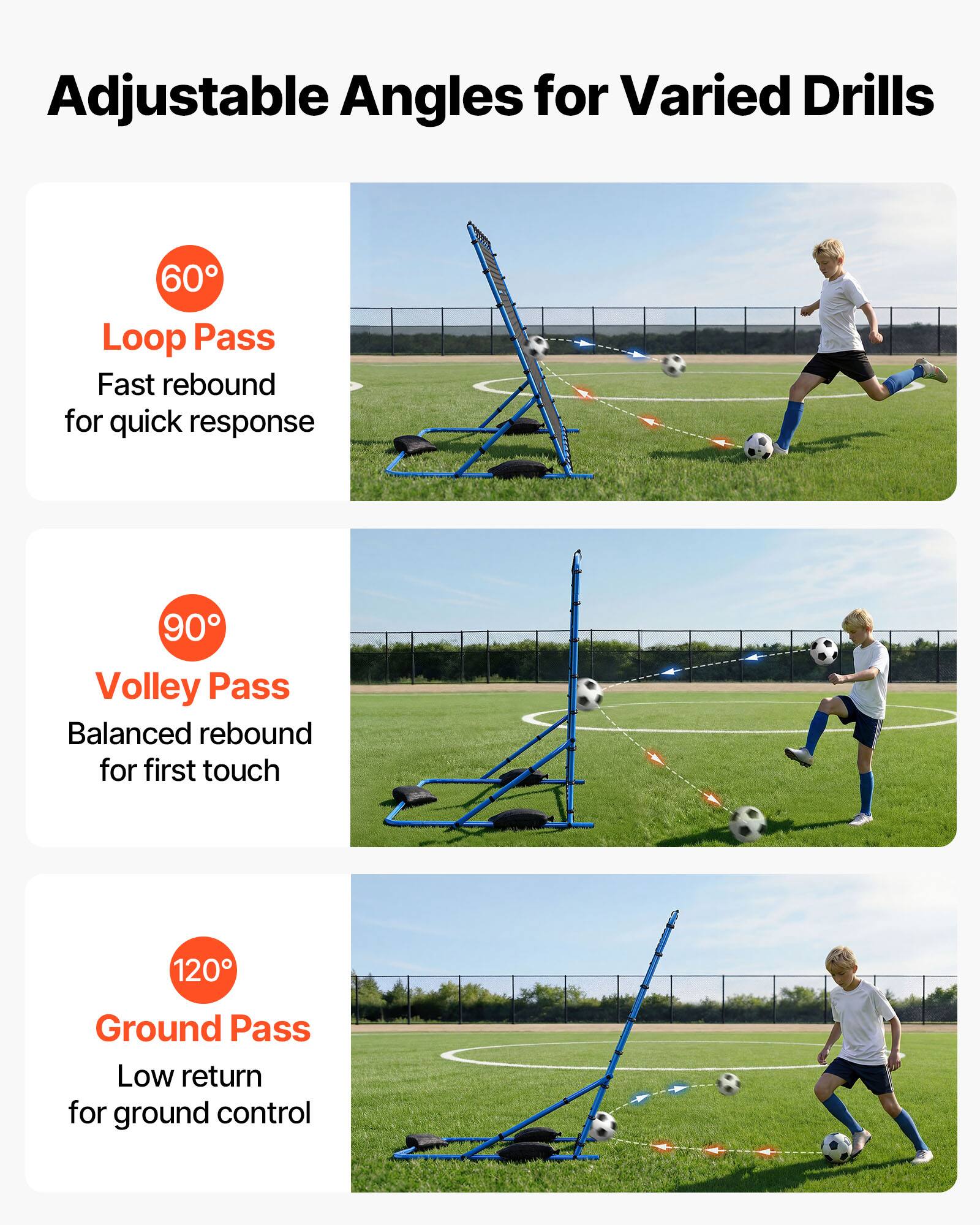Adjustable Angles for Varied Drills

60° Loop Pass  
Fast rebound for quick response

90° Volley Pass  
Balanced rebound for first touch

120° Ground Pass  
Low return for ground control