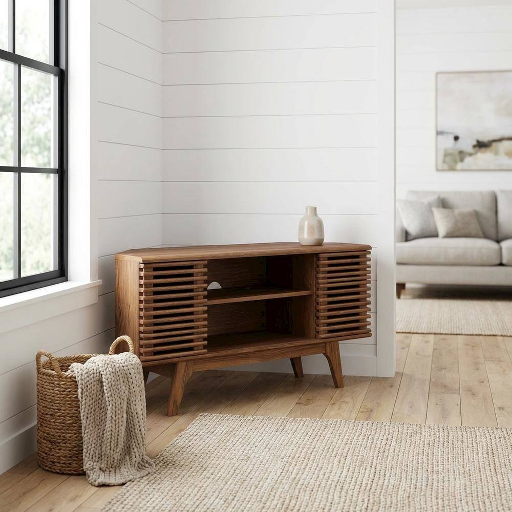 Angle. FurniFact - Brown wooden 46-inch corner TV stand with open shelving and versatile design - Brown.
