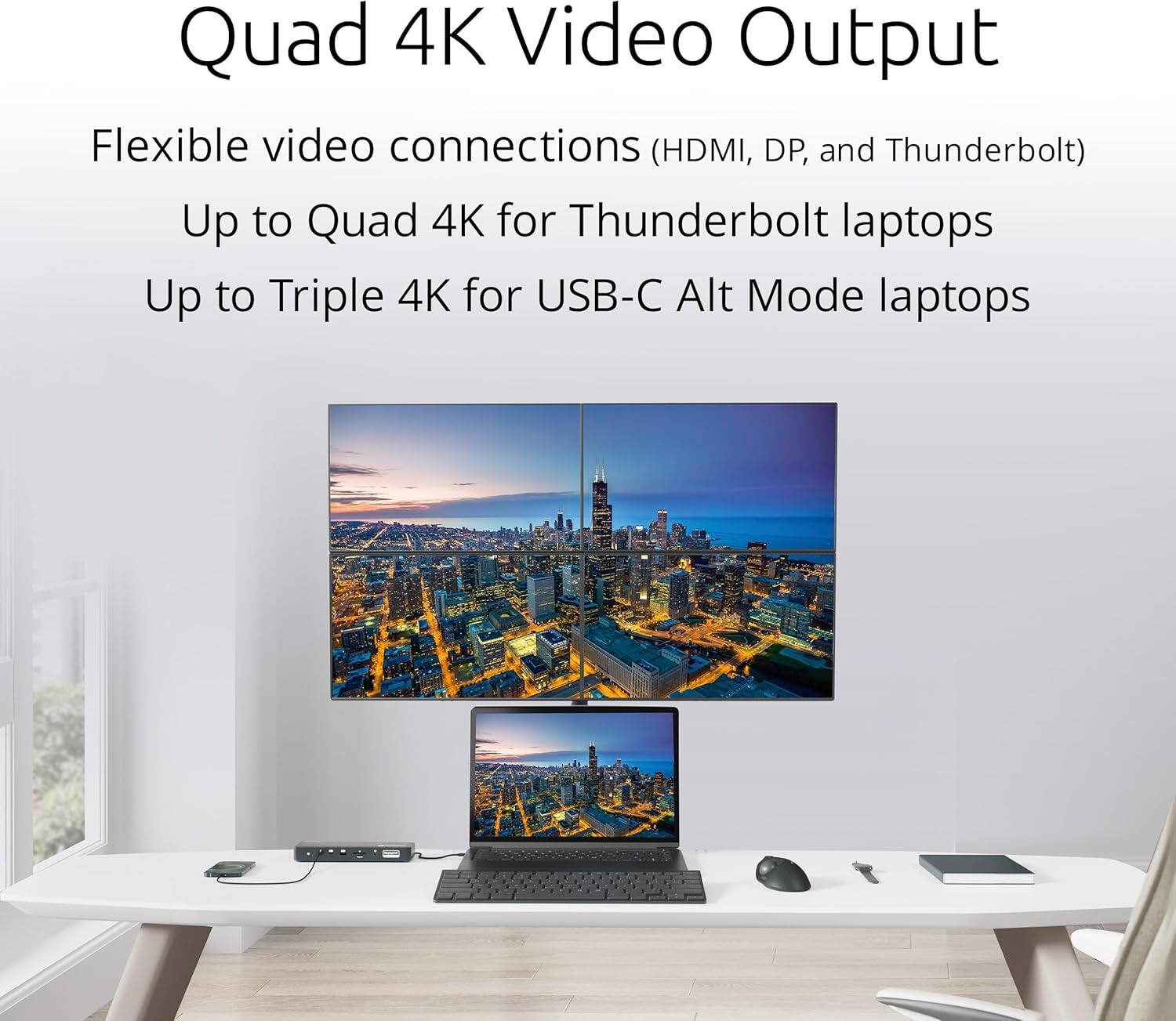 Quad 4K Video Output

Flexible video connections (HDMI, DP, and Thunderbolt)

Up to Quad 4K for Thunderbolt laptops

Up to Triple 4K for USB-C Alt Mode laptops