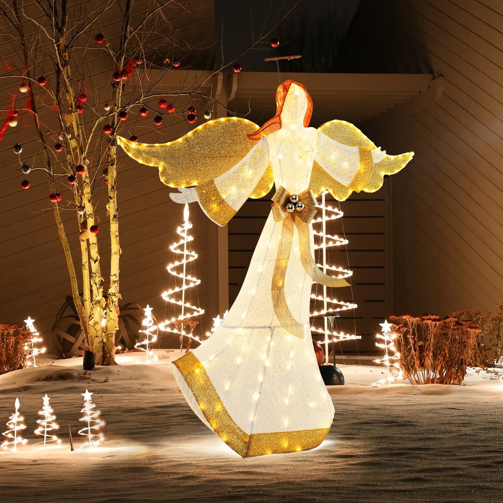 Front. Gymax - Gymax 5.2 FT Lighted Angel w/ Halo & Bow Zip Ties & Ground Stakes 180 LED Lights - Warm White.