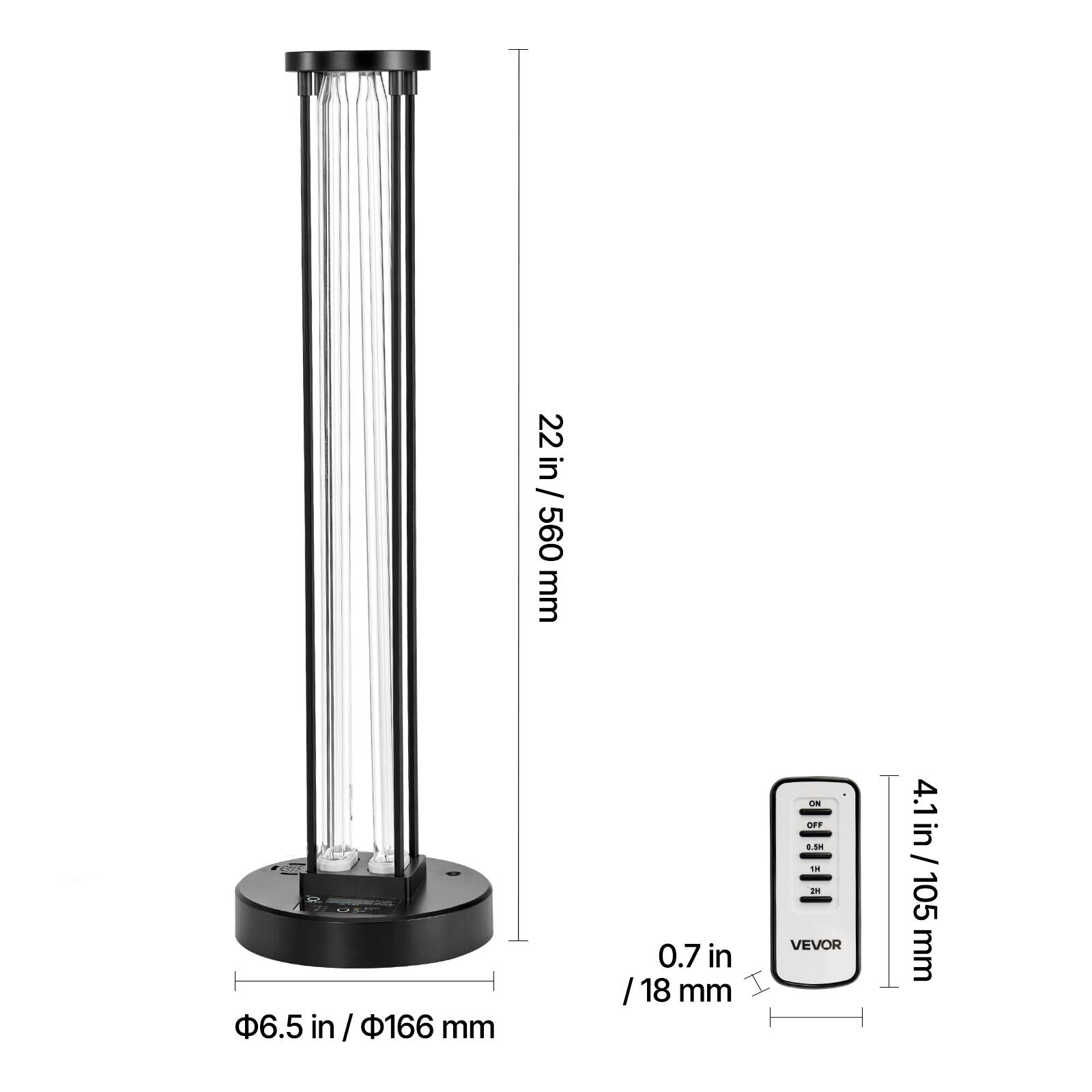 The corrected and grouped text from the image is:

- Height: 22 in / 560 mm
- Diameter: 6.5 in / 166 mm
- Thickness: 0.7 in / 18 mm
- Control Box Dimensions: 4.1 in / 105 mm x 1 in / 25 mm
- Base Diameter: 6.5 in / 166 mm