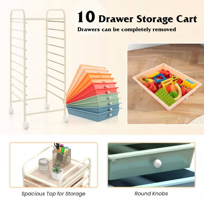 10 Drawer Storage Cart  
Drawers can be completely removed  
Spacious Top for Storage  
Round Knobs