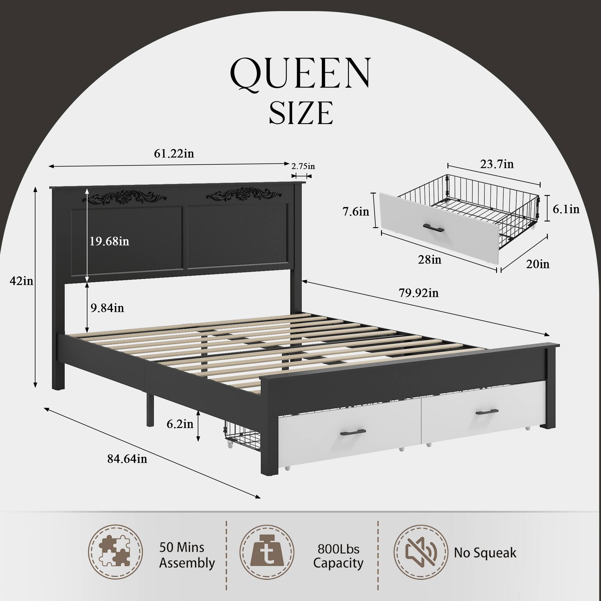 QUEEN SIZE  
61.22in  
2.75in  
23.7in  
7.6in  
6.1in  
42in  
19.68in  
9.84in  
28in  
79.92in  
20in  
6.2in  
84.64in  
50 Mins Assembly  
800Lbs Capacity  
No Squeak