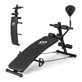 Costway - Adjustable Decline Sit-Up Bench for Home Gym with Speed Ball and Resistance Bands - Black
