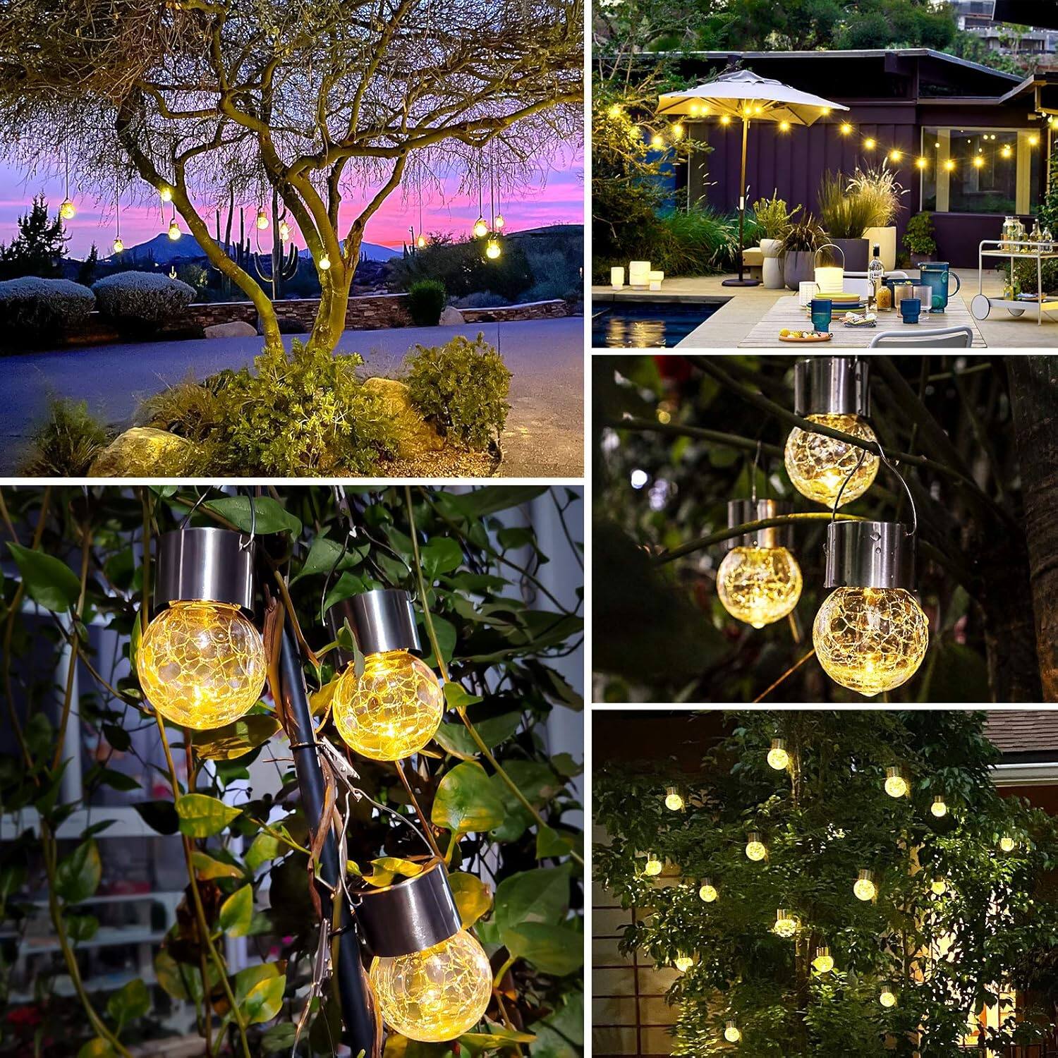 Angle. Nordic Hygge - 12-Pack Hanging Outdoor Solar Lights – Decorative Cracked Glass LED Globe Ball Lights with Handle - Silver.
