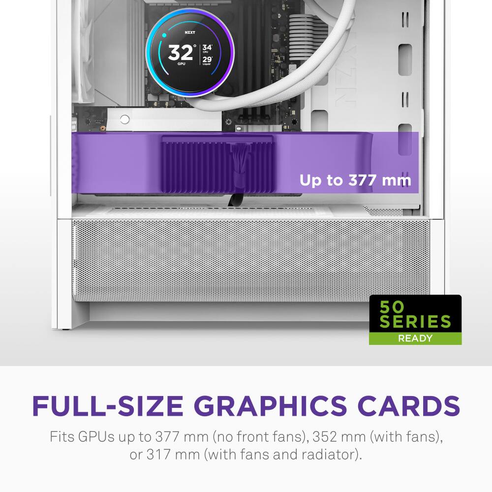 The text on the image reads: "Up to 377mm 50 Series Ready Full-Size Graphics Cards Fits GPUs up to 377mm (no front fans), 352mm (with fans), or 317mm (with fans and radiator)."